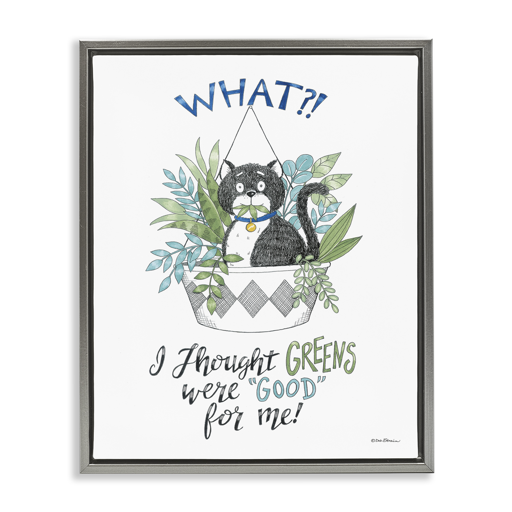 Stupell Industries Funny Cat Eating Plant Animals Painting Gray Floater Framed Canvas Art Print Wall Art, 17 x 21