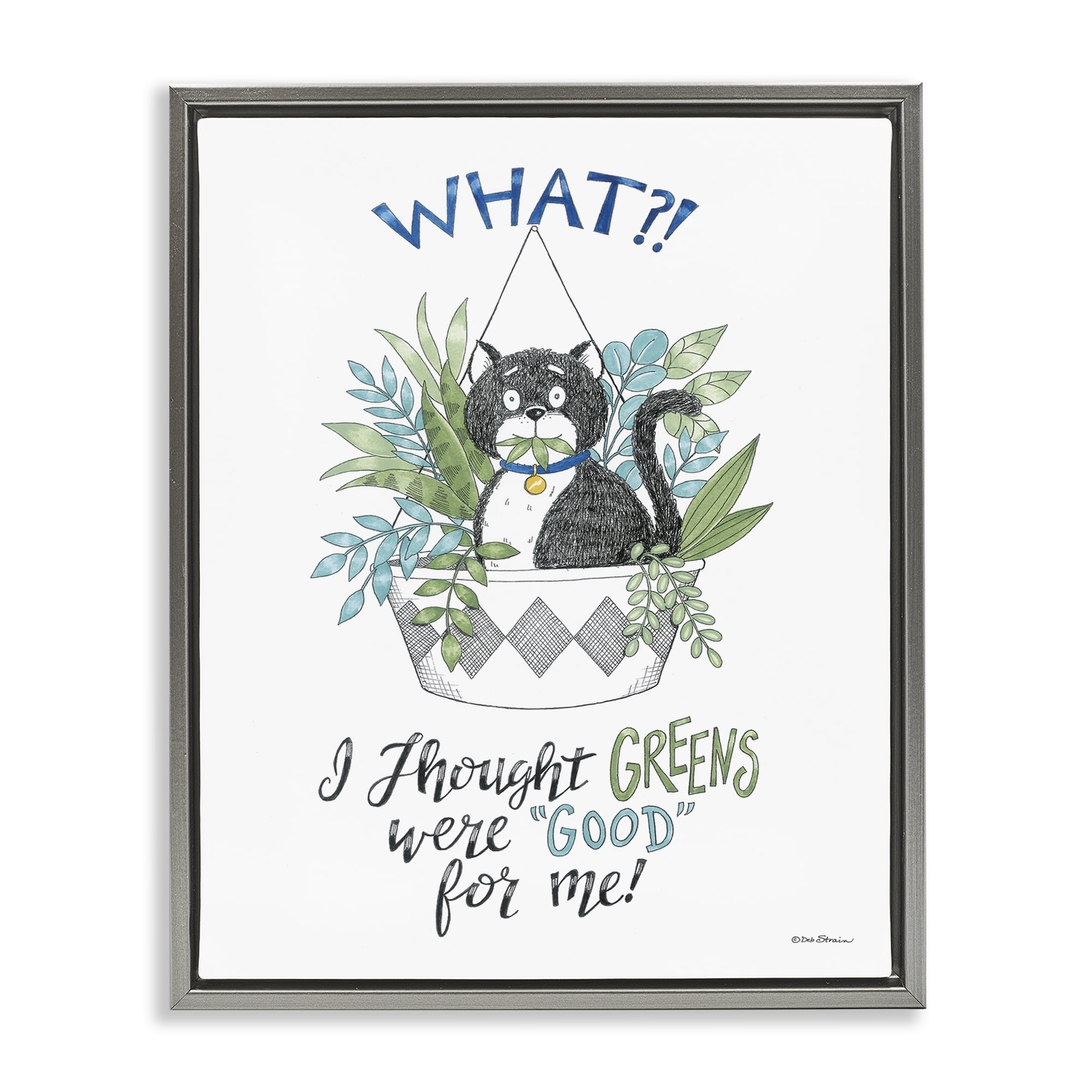 Stupell Industries Funny Cat Eating Plant Animals Painting Gray Floater Framed Canvas Art Print Wall Art, 25 x 31