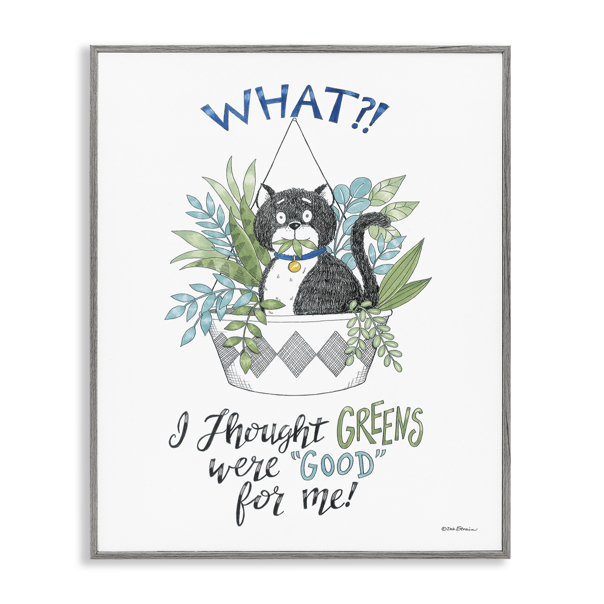 Stupell Industries Funny Cat Eating Plant Animals Painting Gray Framed Art Print Wall Art, 24 x 30