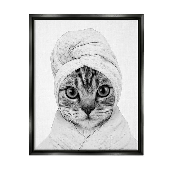 Stupell Industries Funny Cat In Bathrobe Portrait Animals & Insects Painting Black Floater Framed Art Print Wall Art