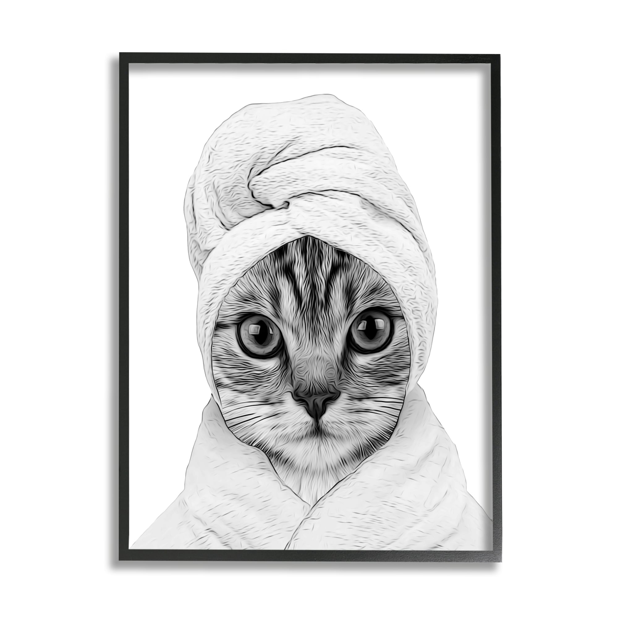 Stupell Industries Funny Cat In Bathrobe Portrait Animals & Insects Painting Black Framed Art Print Wall Art
