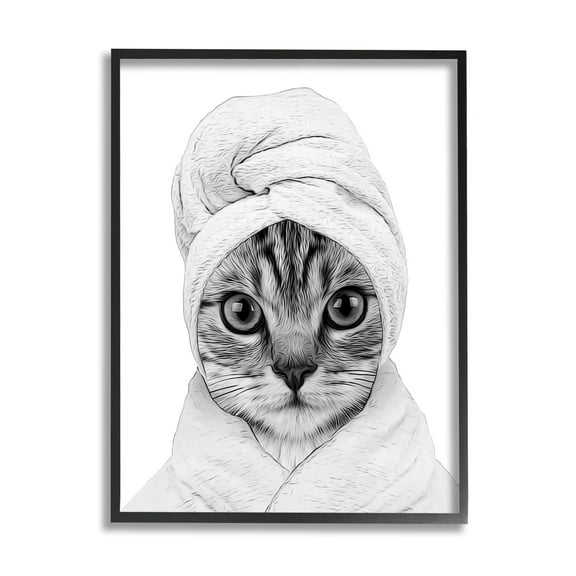 Stupell Industries Funny Cat In Bathrobe Portrait Animals & Insects Painting Black Framed Art Print Wall Art