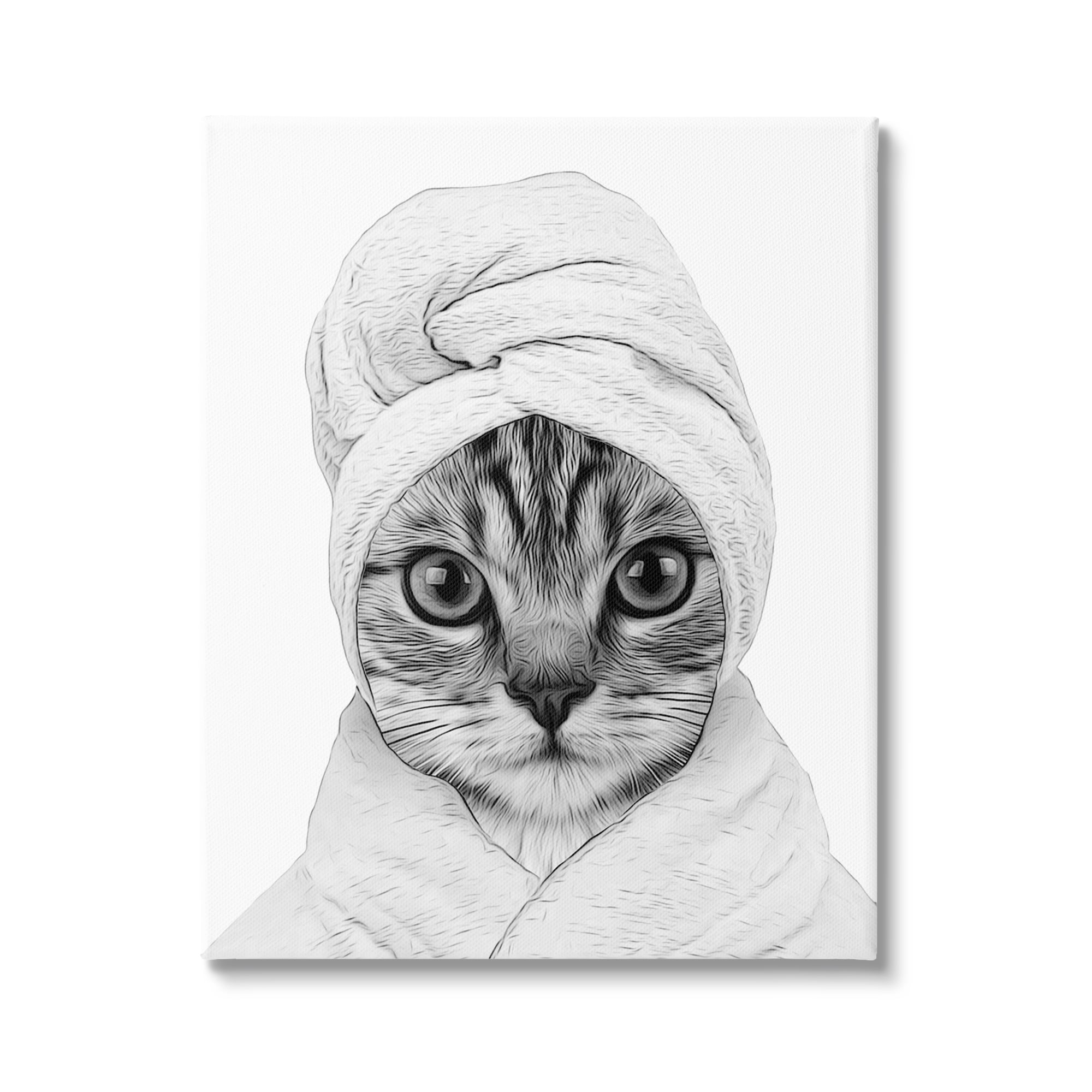 Stupell Industries Funny Cat In Bathrobe Portrait Animals & Insects  Painting Gallery Wrapped Canvas Print Wall Art 