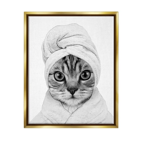 Stupell Industries Funny Cat In Bathrobe Portrait Animals & Insects Painting Gold Floater Framed Art Print Wall Art