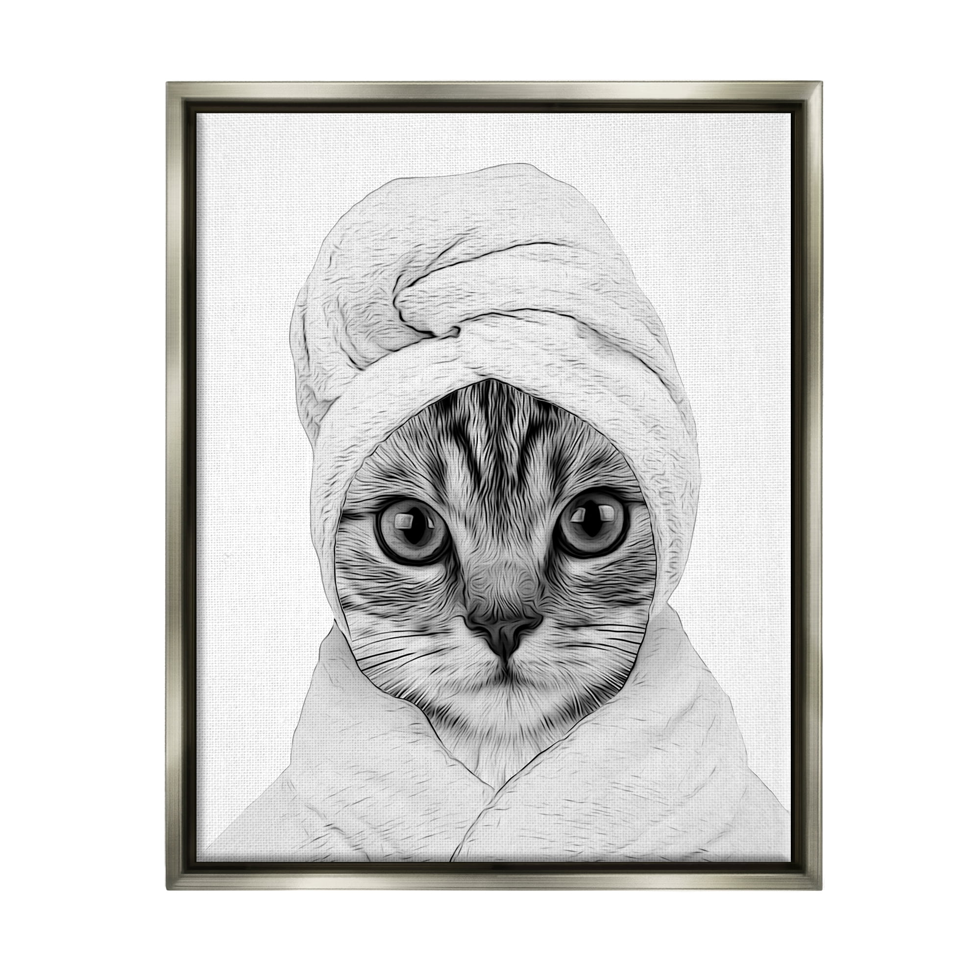 Stupell Industries Funny Cat In Bathrobe Portrait Animals & Insects Painting Gray Floater Framed Art Print Wall Art