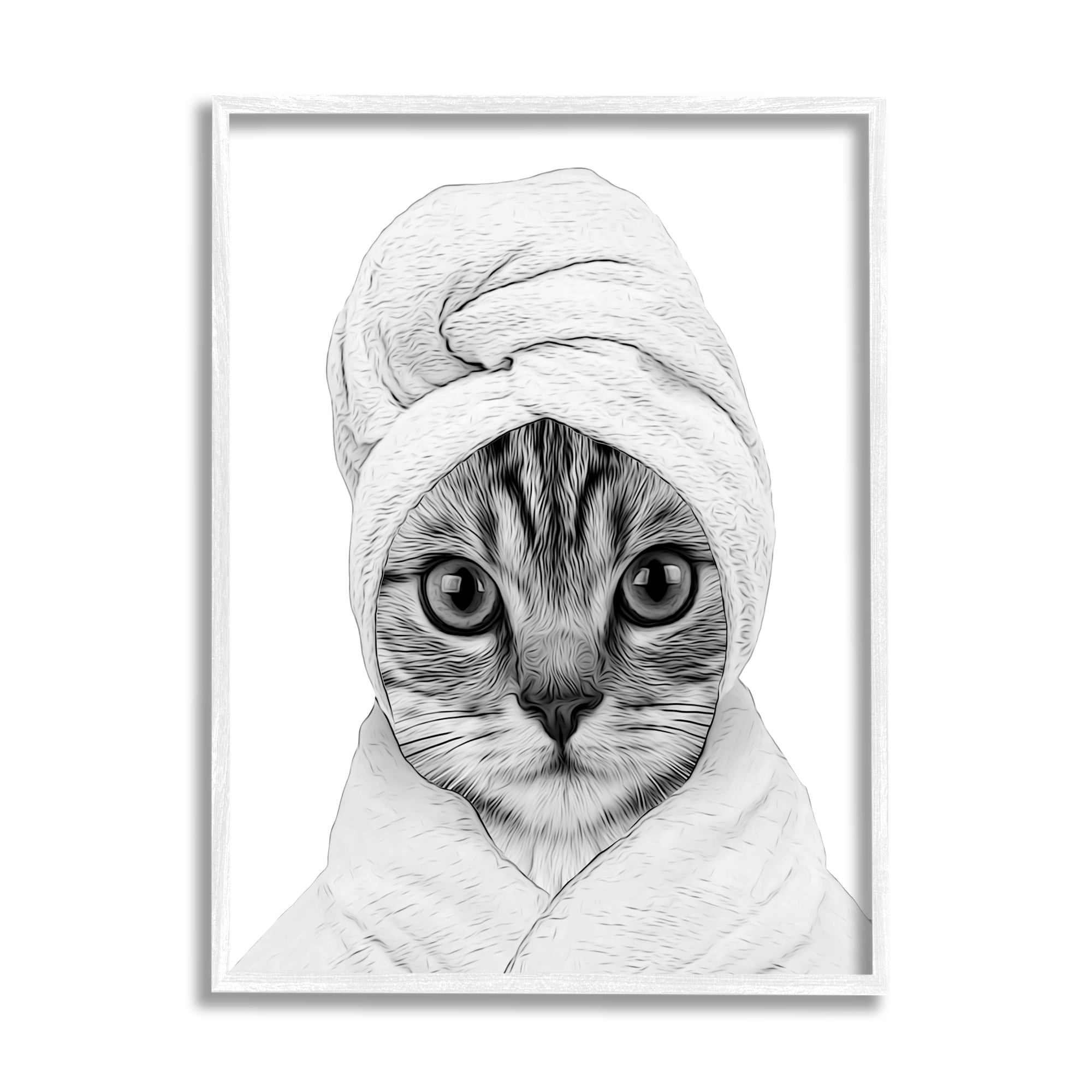 Stupell Industries Funny Cat In Bathrobe Portrait Animals & Insects Painting White Framed Art Print Wall Art