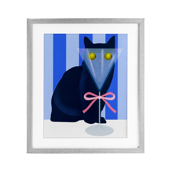 Stupell Industries Funny Cat Martini on Stripes Gray Framed Print Under Glass design by Lil' Rue, 21 x 17