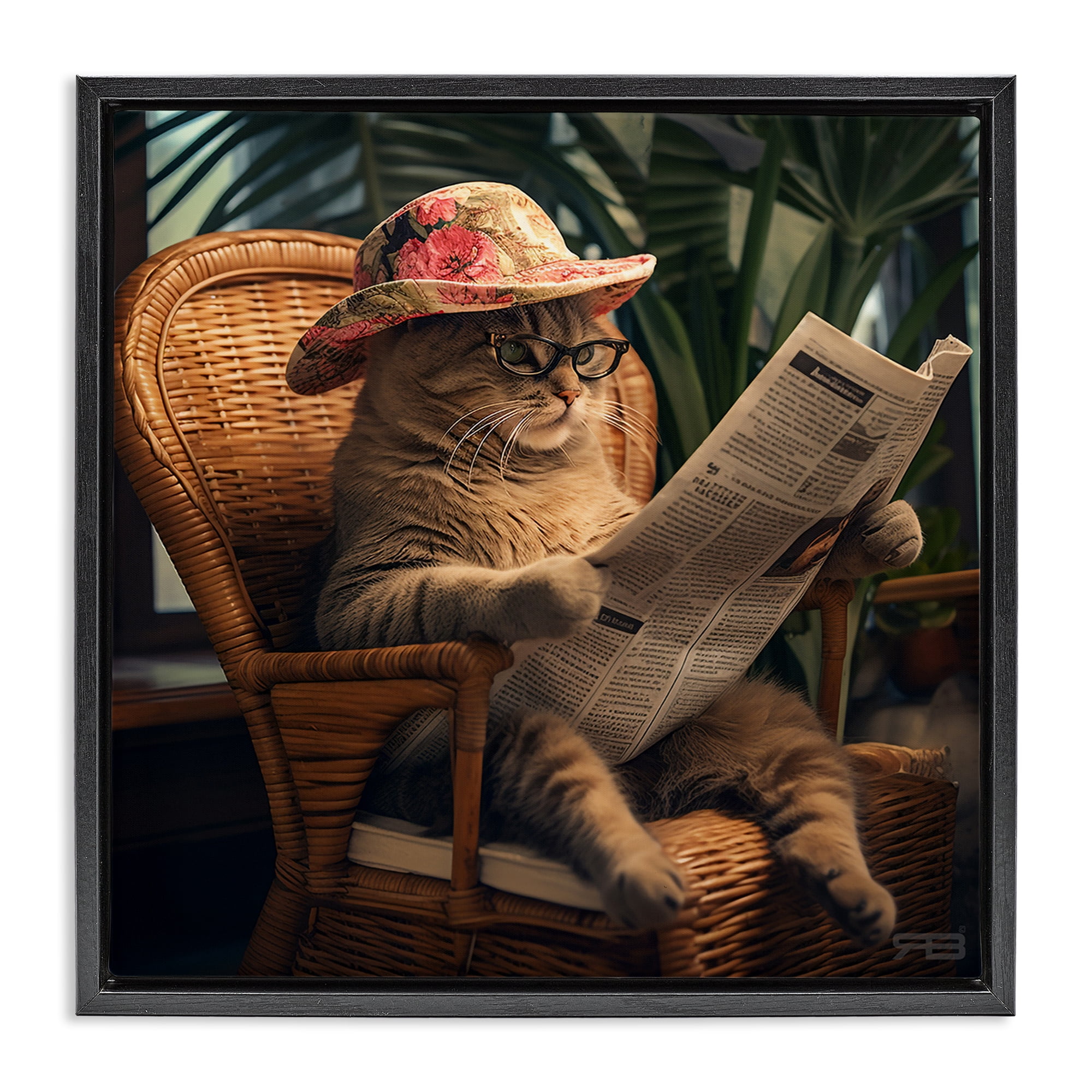 Stupell Industries Funny Cat & Newspaper Animals Painting Black Floater Framed Canvas Art Print Wall Art, 18 x 18