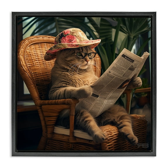 Stupell Industries Funny Cat & Newspaper Animals Painting Black Floater Framed Canvas Art Print Wall Art, 18 x 18