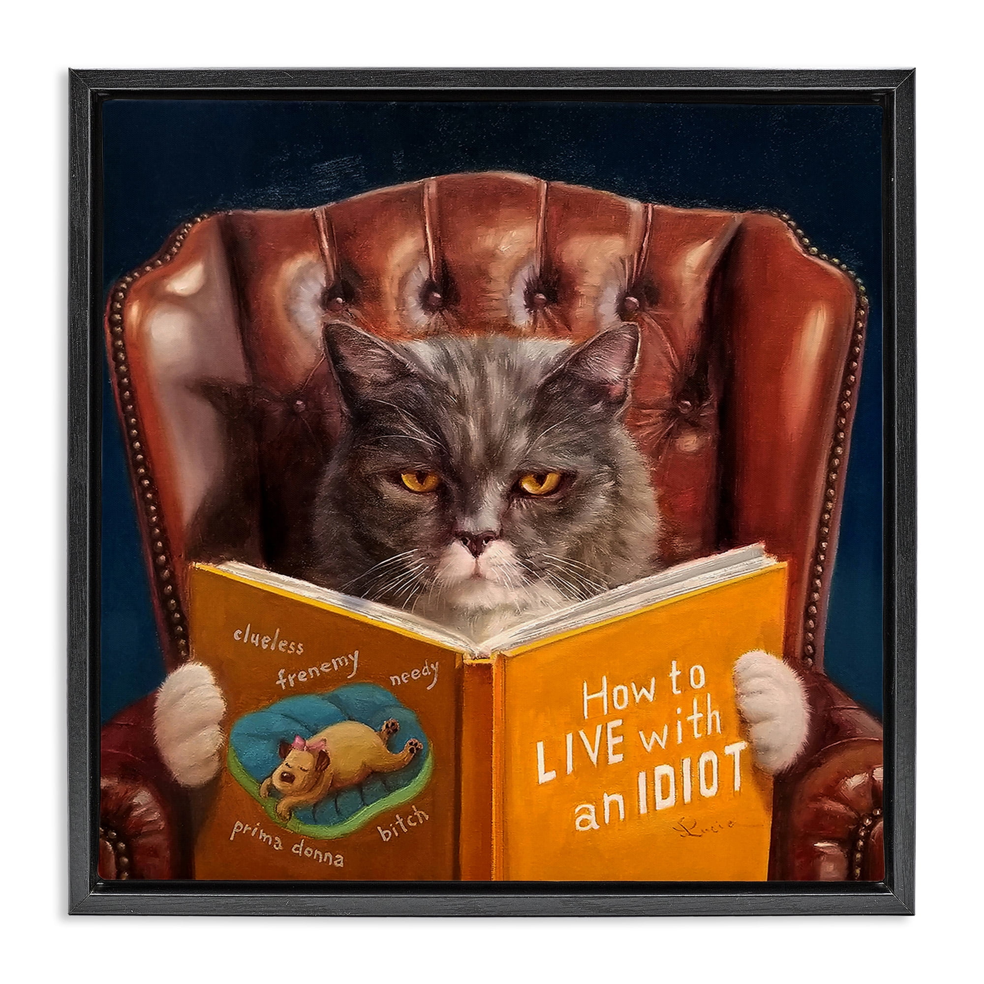 Stupell Industries Funny Cat Reading Dog Book Animals & Insects Painting Black Floater Framed Canvas Art Print Wall Art, 25 x 25
