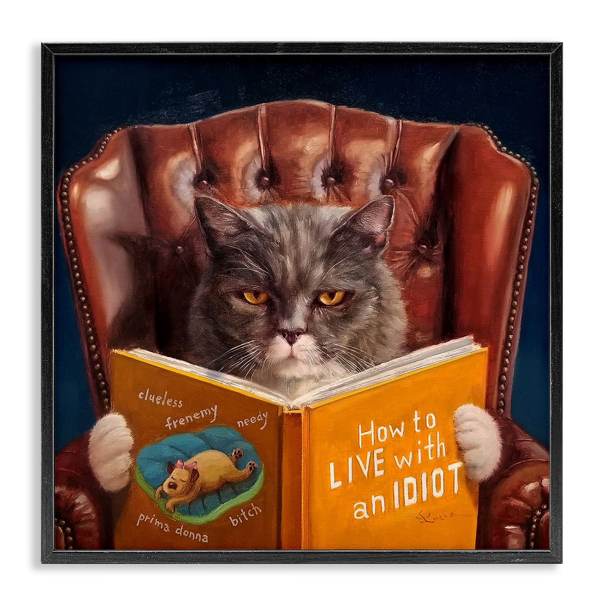 Stupell Industries Funny Cat Reading Dog Book Animals & Insects Painting Black Framed Art Print Wall Art, 24 x 24