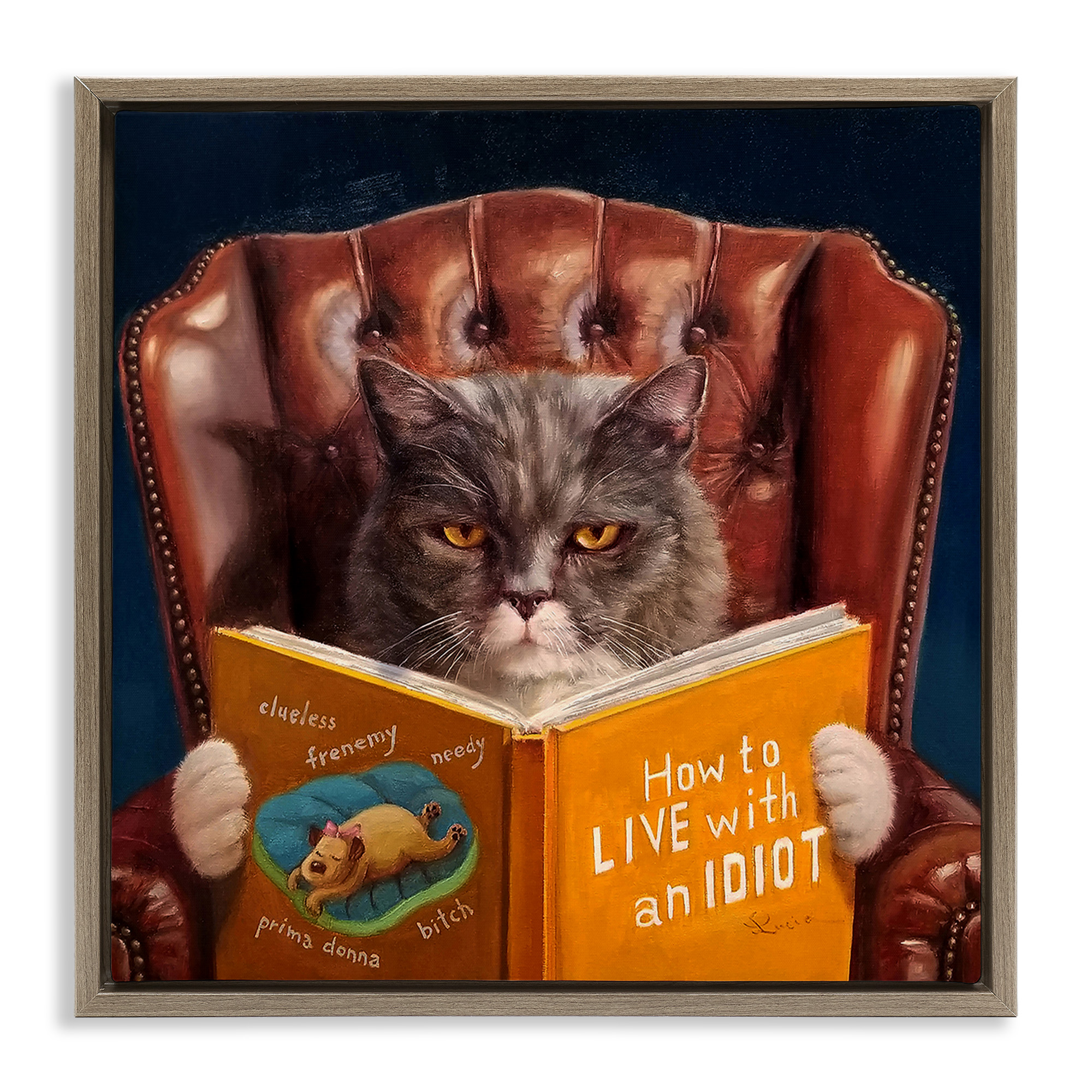 Stupell Industries Funny Cat Reading Dog Book Animals & Insects Painting Brown Floater Framed Canvas Art Print Wall Art, 18 x 18