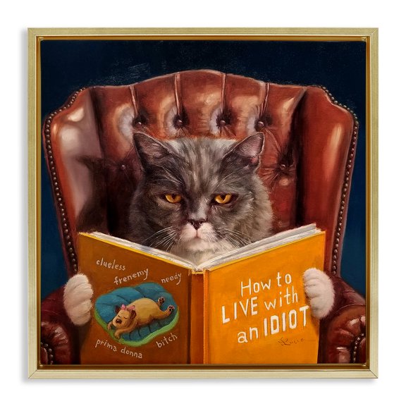 Stupell Industries Funny Cat Reading Dog Book Animals & Insects Painting Gold Floater Framed Canvas Art Print Wall Art, 25 x 25