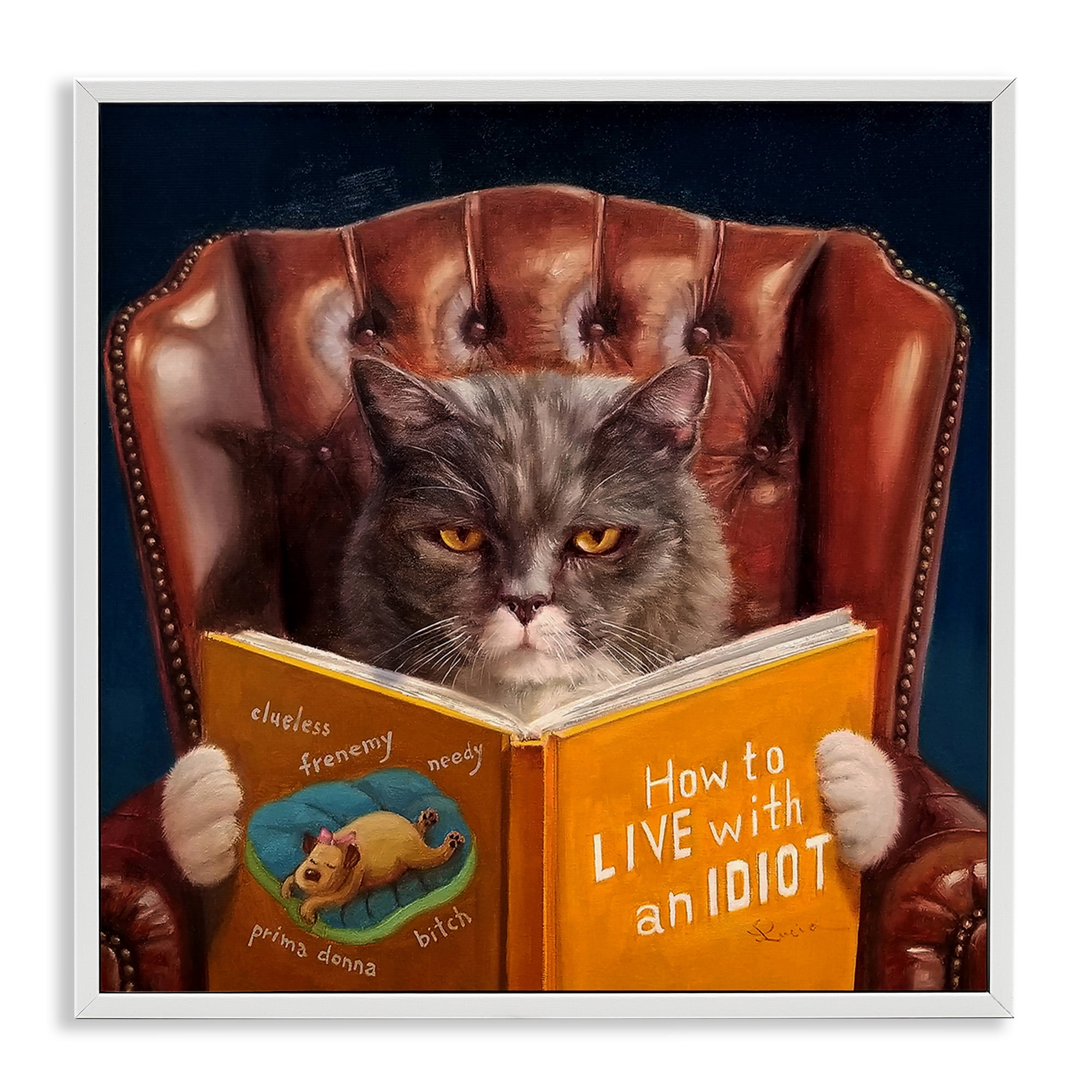 Stupell Industries Funny Cat Reading Dog Book Animals & Insects Painting White Framed Art Print Wall Art, 17 x 17