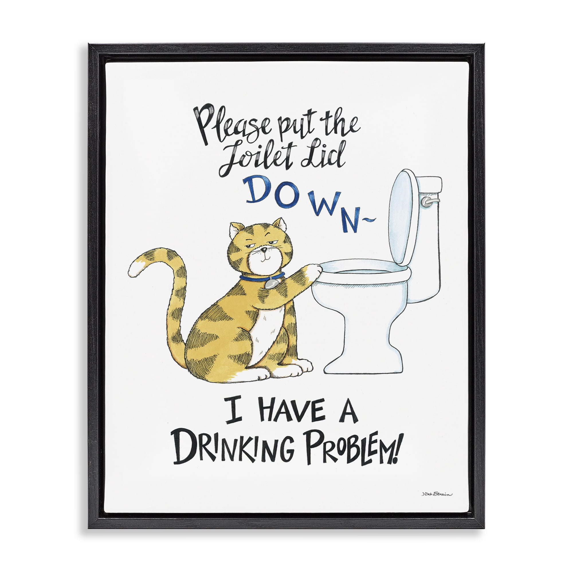 Stupell Industries Funny Cat & Toilet Animals Painting Black Floater Framed Canvas Art Print Wall Art, 17 x 21