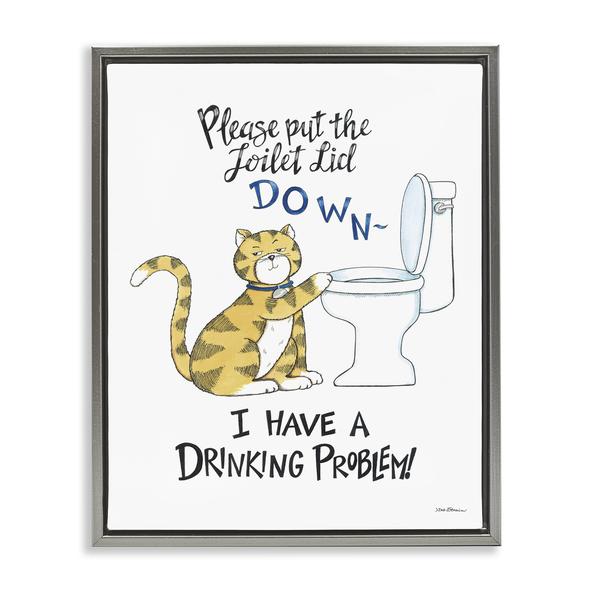Stupell Industries Funny Cat & Toilet Animals Painting Gray Floater Framed Canvas Art Print Wall Art, 17 x 21