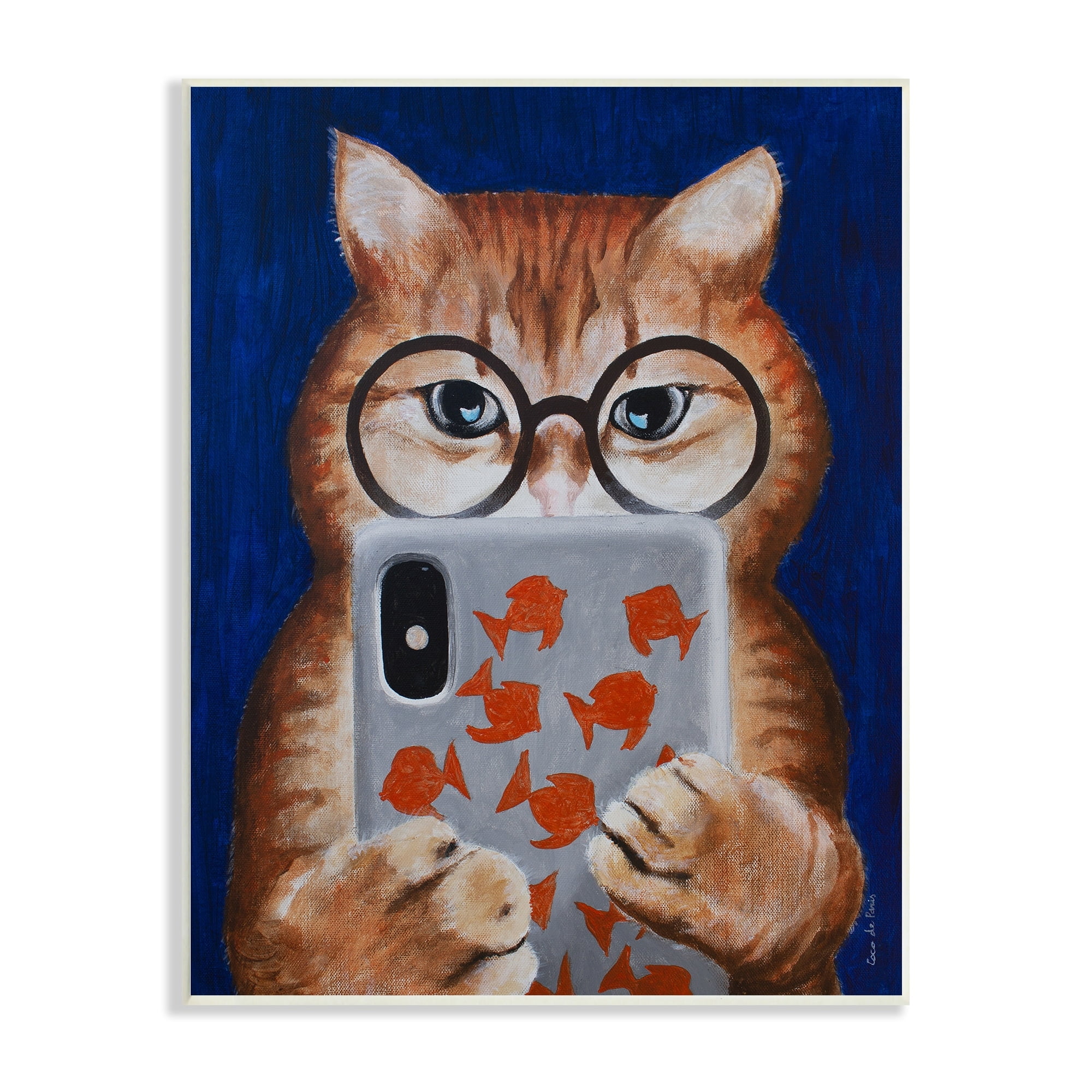 Stupell Industries Funny Cat Using Phone Texting Wearing Glasses Illustration , 10 x 15, Design by Coco de Paris