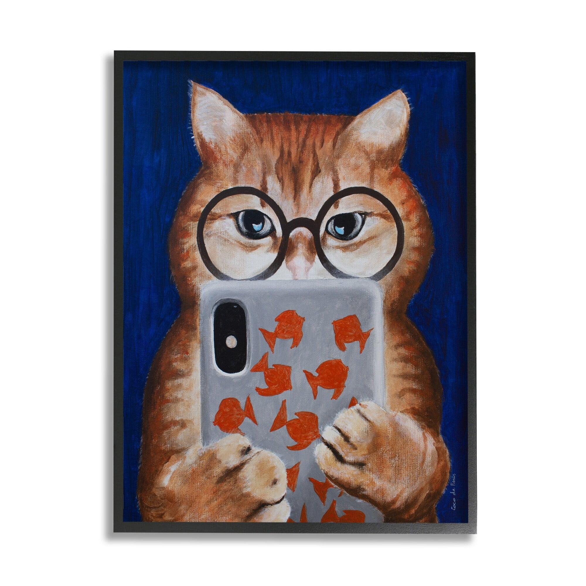 Stupell Industries Funny Cat Using Phone Texting Wearing Glasses Illustration , 24 x 30, Design by Coco de Paris