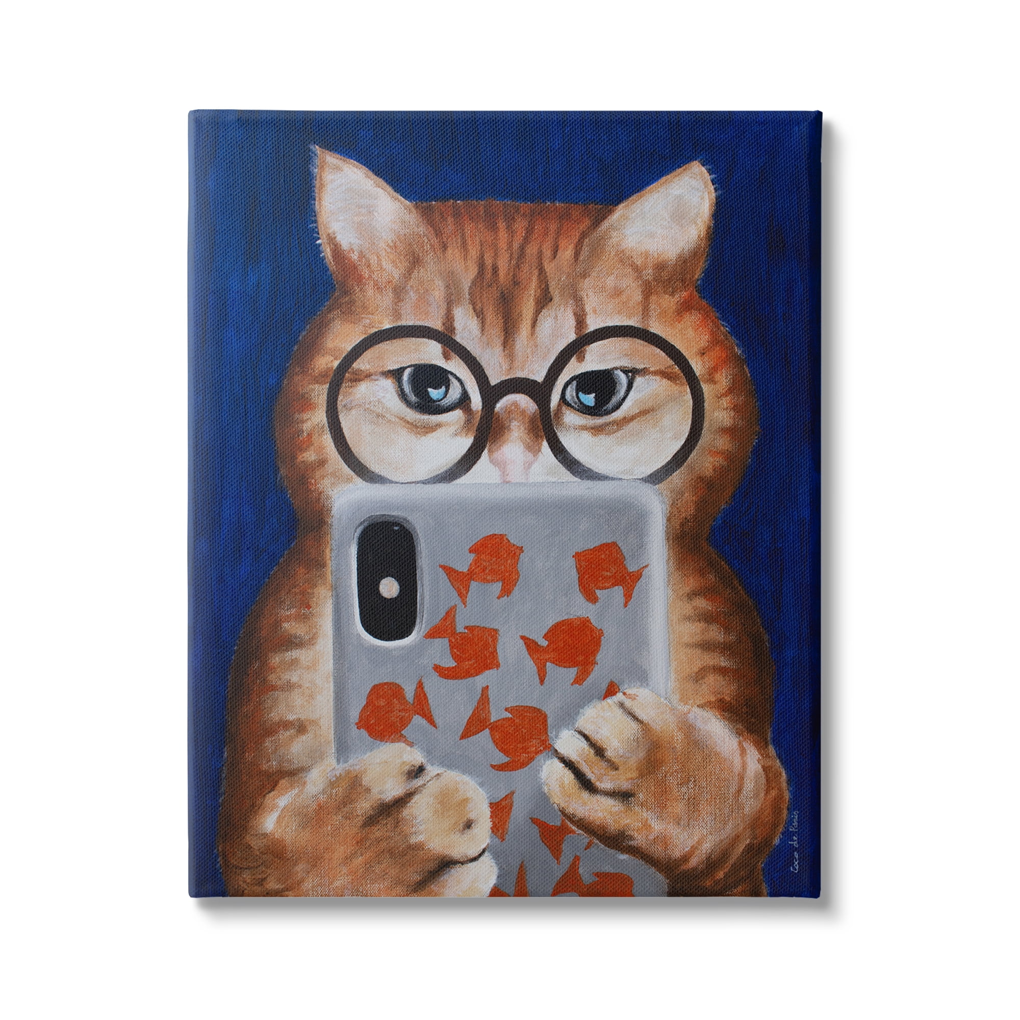 Stupell Industries Funny Cat Using Phone Texting Wearing Glasses Illustration , 36 x 48, Design by Coco de Paris