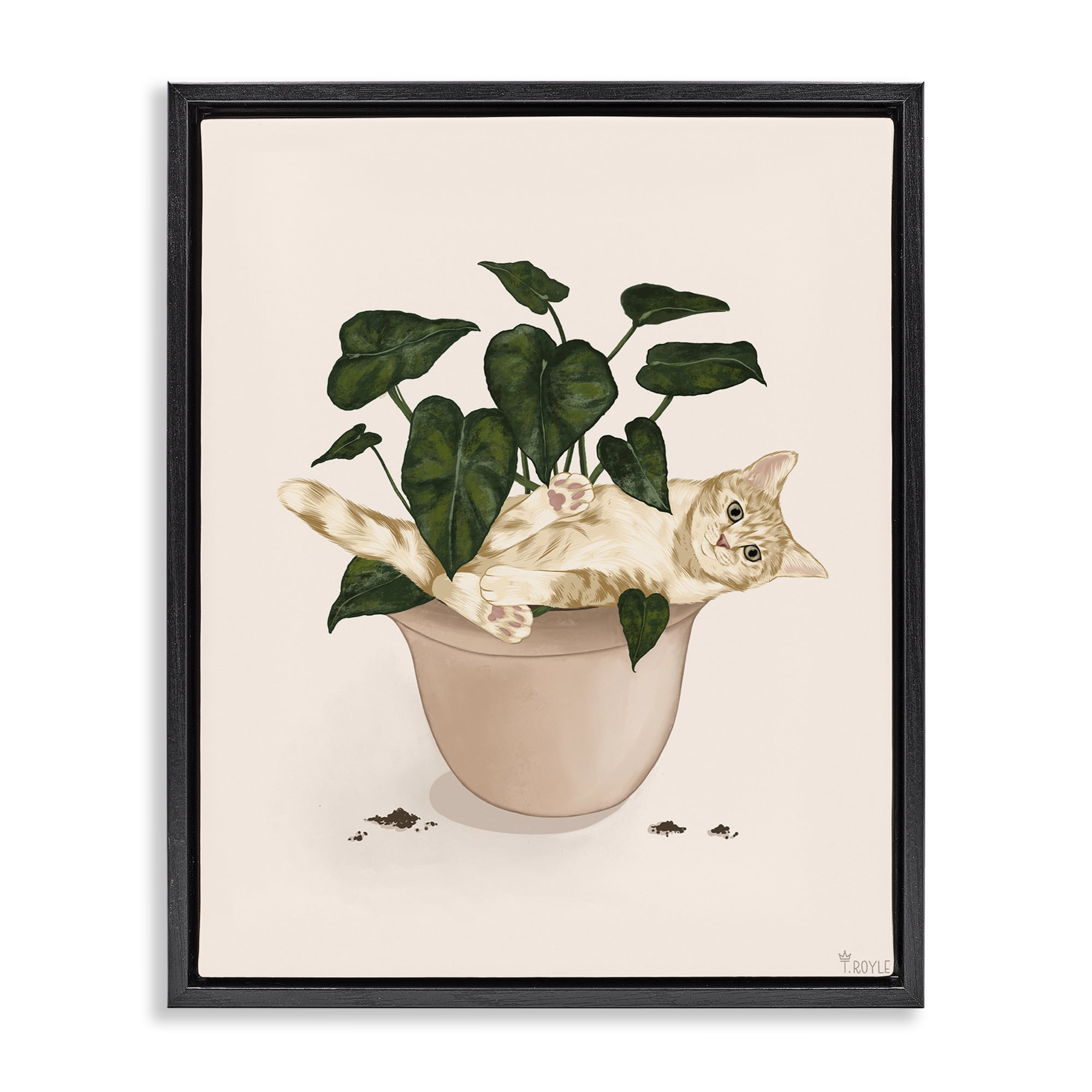 Stupell Industries Funny Cat in House Plant Animals & Insects Painting Black Floater Framed Canvas Art Print Wall Art, 17 x 21