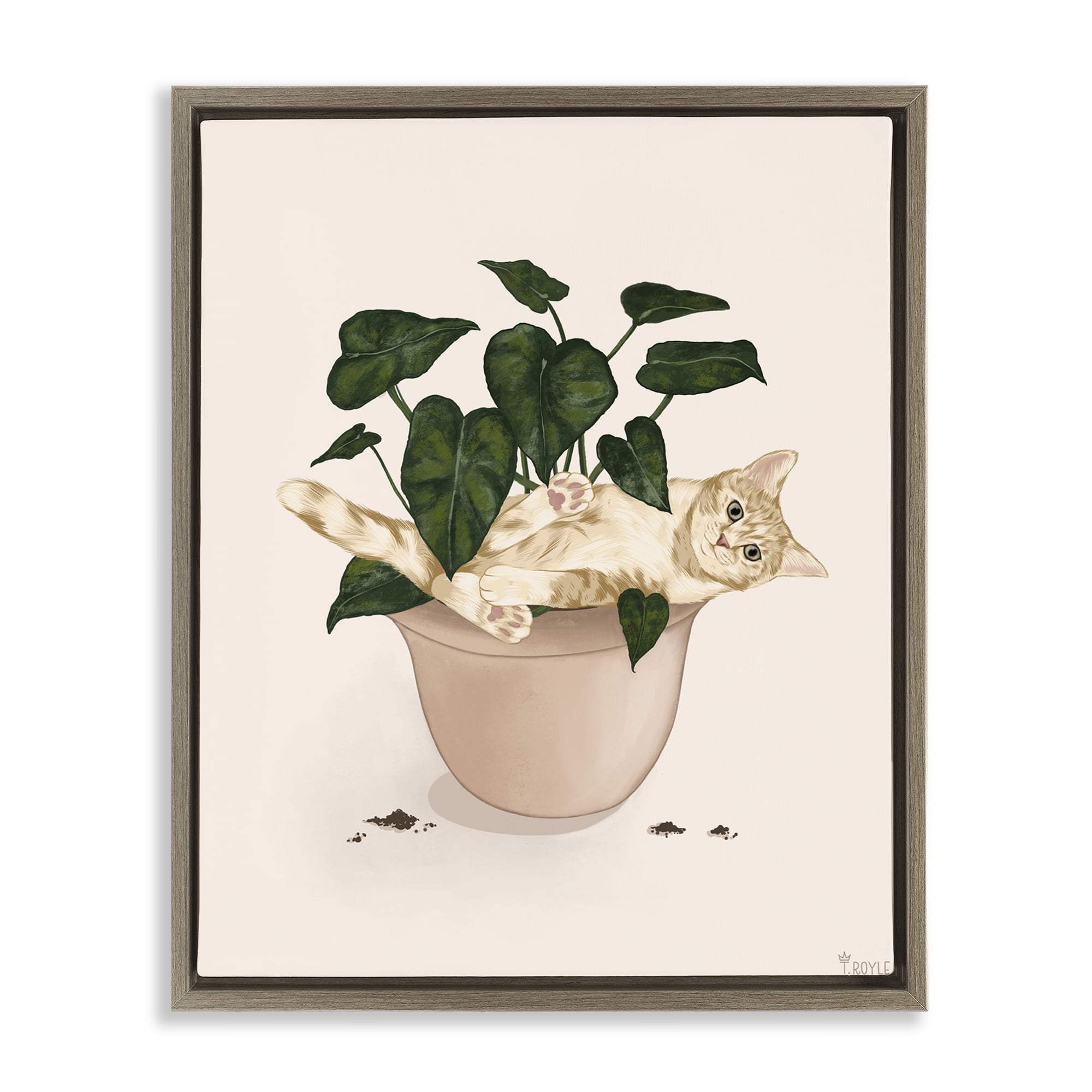 Stupell Industries Funny Cat in House Plant Animals & Insects Painting Brown Floater Framed Canvas Art Print Wall Art, 25 x 31