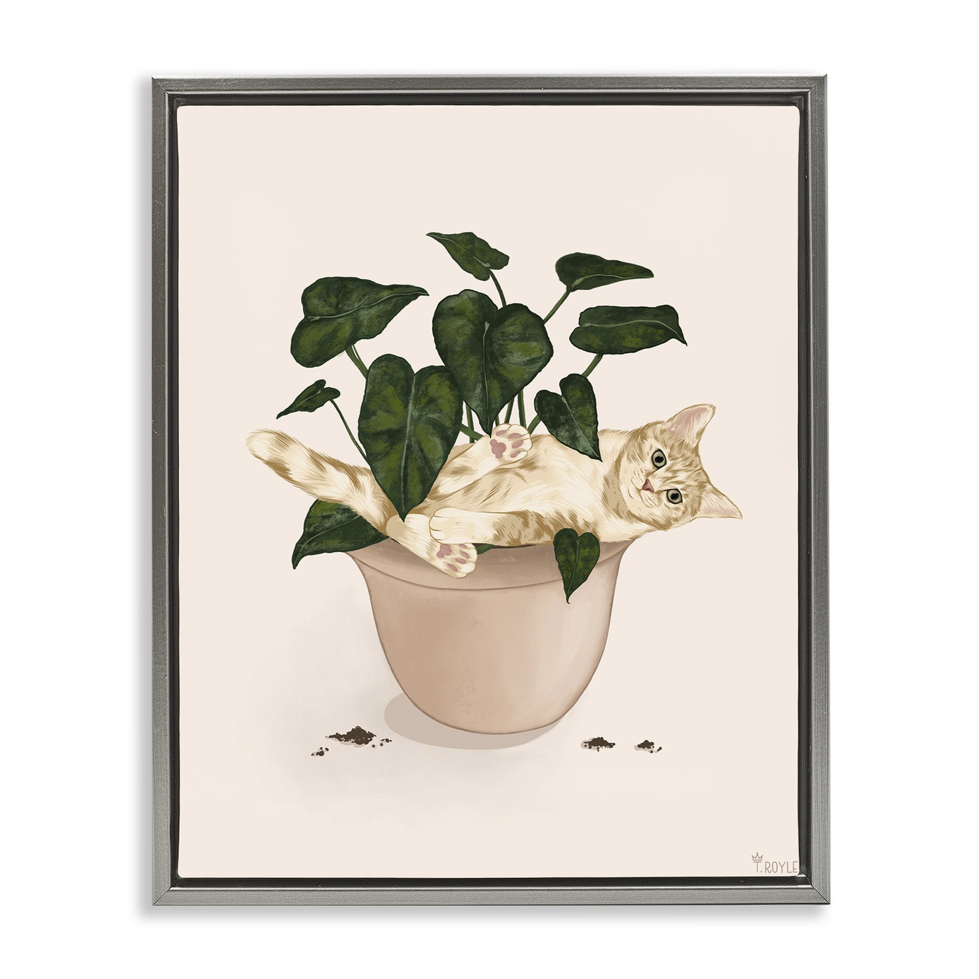 Stupell Industries Funny Cat in House Plant Animals & Insects Painting Gray Floater Framed Canvas Art Print Wall Art, 17 x 21