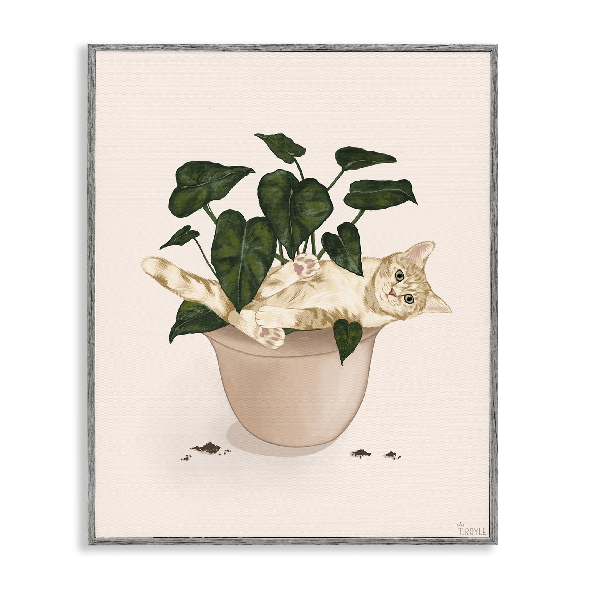 Stupell Industries Funny Cat in House Plant Animals & Insects Painting Gray Framed Art Print Wall Art, 11 x 14