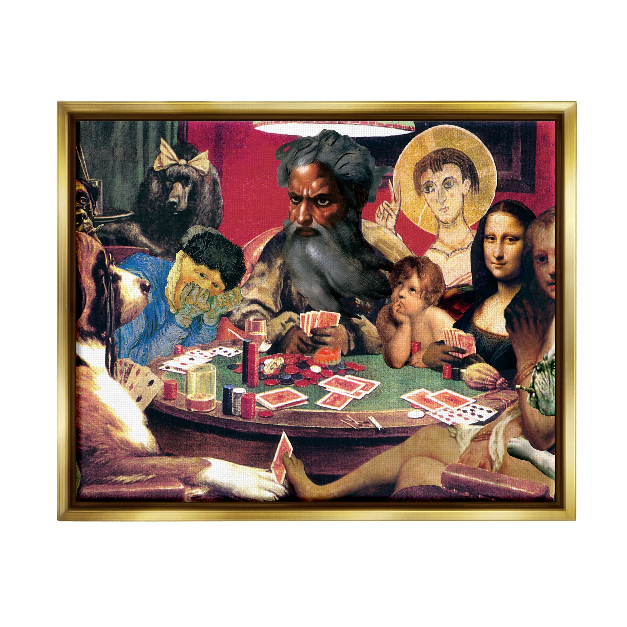 Stupell Industries Funny Classics Collage Novelty Painting Gold Floater Framed Canvas Art Print Wall Art, 21 x 17