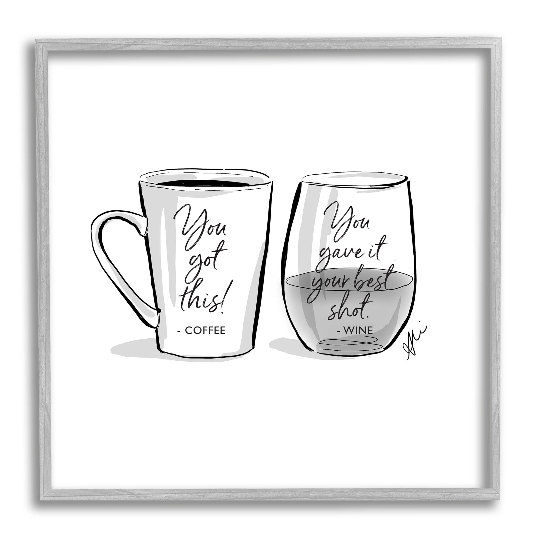 Stupell Industries Funny Coffee & Wine Phrase Graphic Art Gray Framed Art Print Wall Art, Design by Alison Petrie