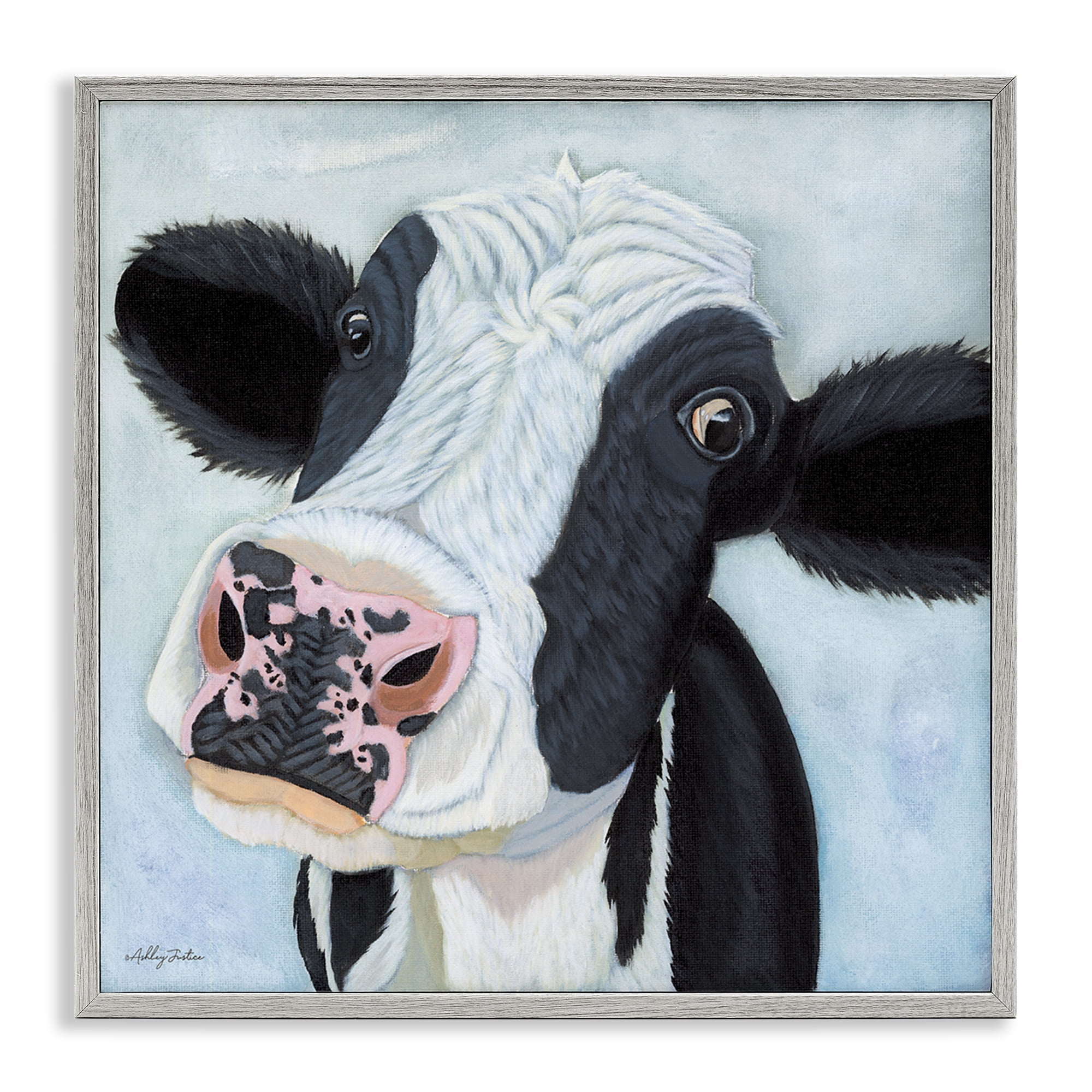 Stupell Industries Funny Cow Gaze Animals Painting Gray Framed Art Print Wall Art, 24 x 24
