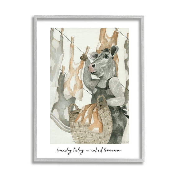 Stupell Industries Funny Cow Laundry Phrase Animals & Insects Painting Gray Framed Art Print Wall Art, 16 x 20