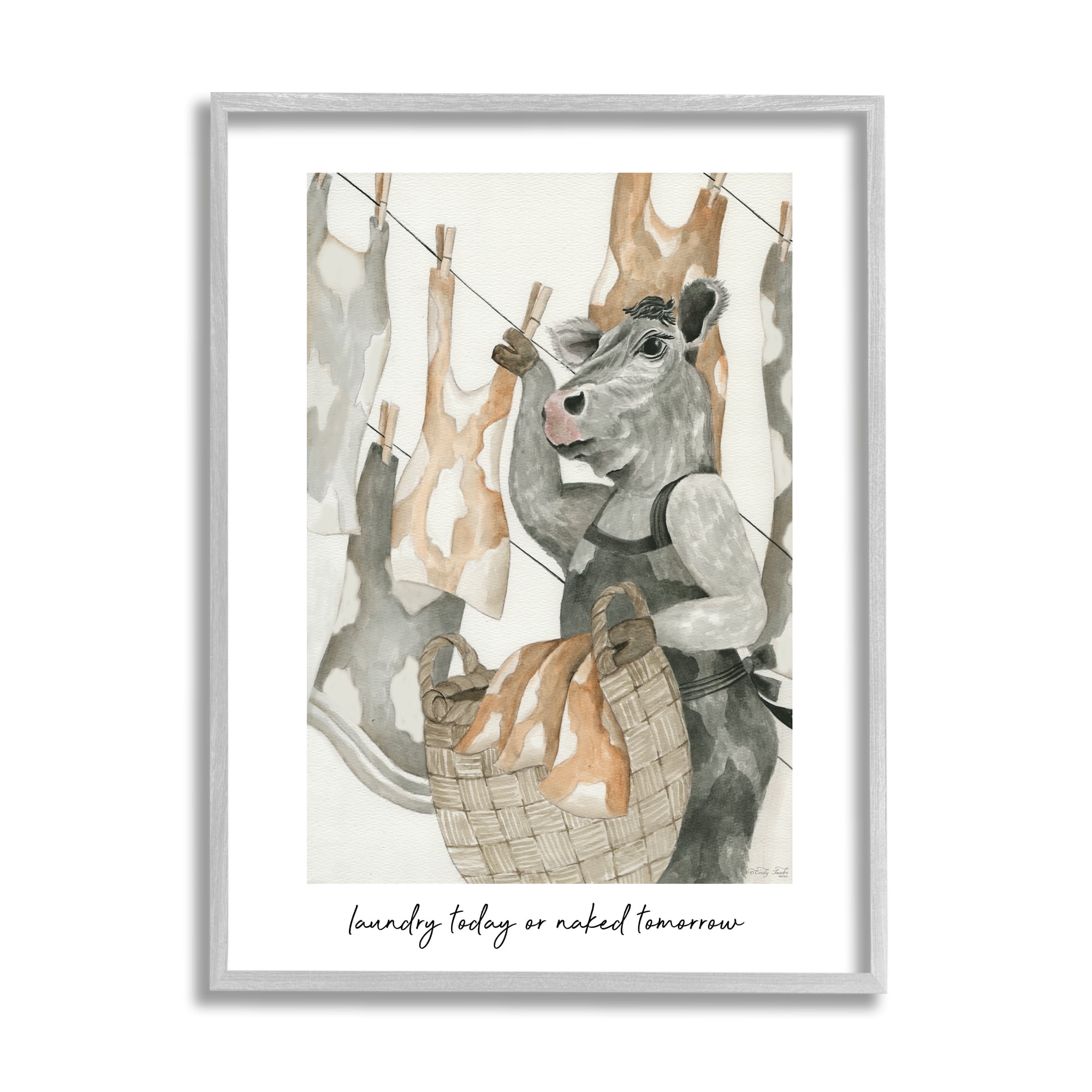 Stupell Industries Funny Cow Laundry Phrase Animals & Insects Painting Gray Framed Art Print Wall Art, 24 x 30