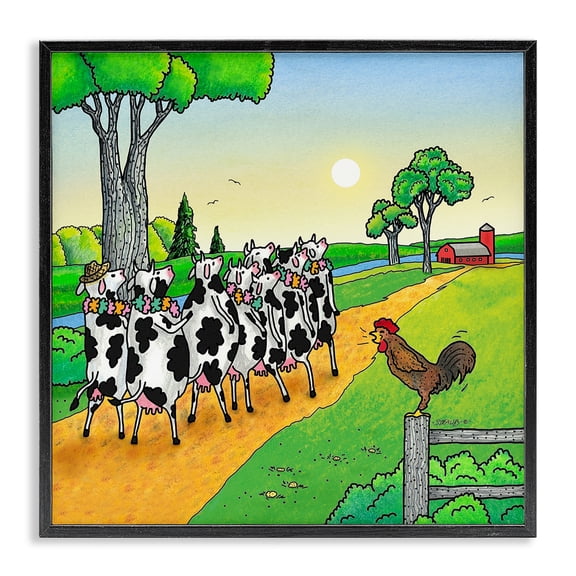 Stupell Industries Funny Cows Come Home Animals Painting Black Framed Art Print Wall Art, 12 x 12
