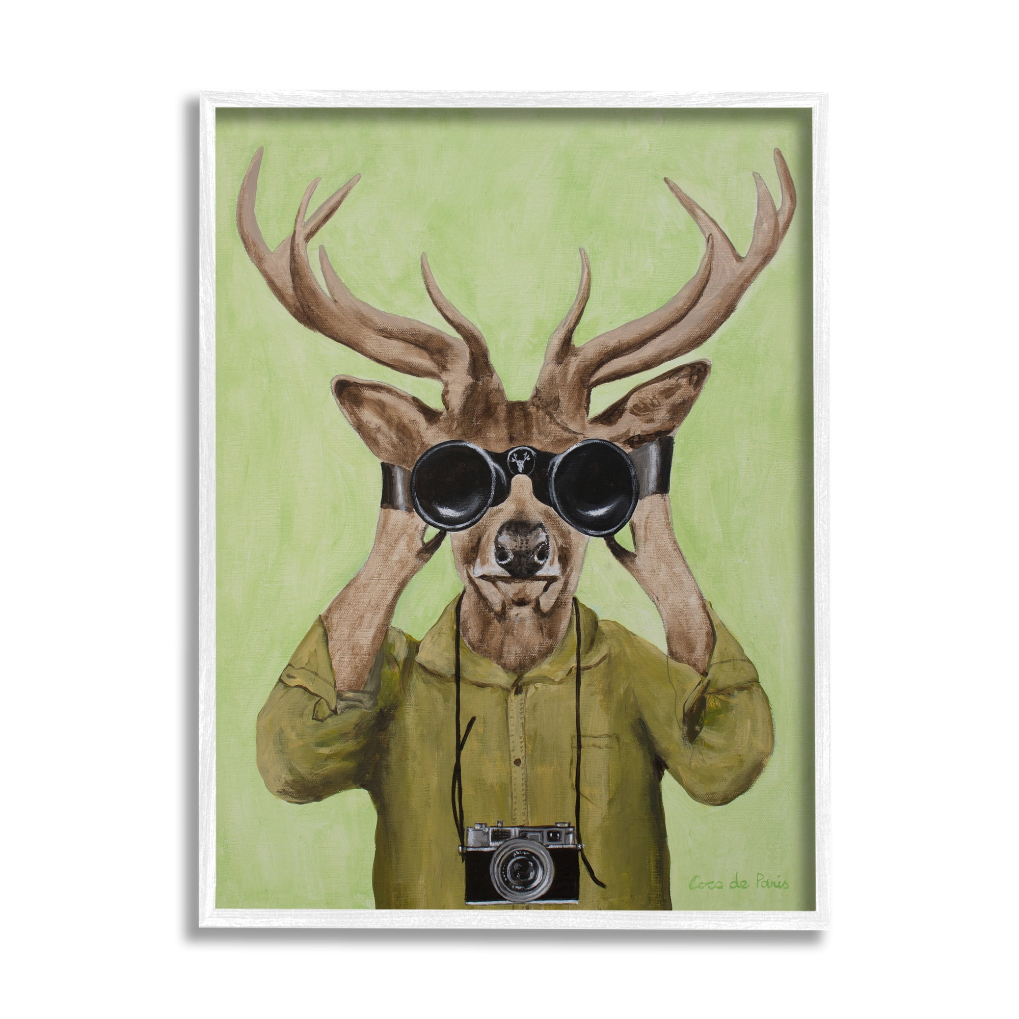 Stupell Industries Funny Cute Deer Binoculars Camera Painting Green Background, 11 x 14, Design by Coco de Paris