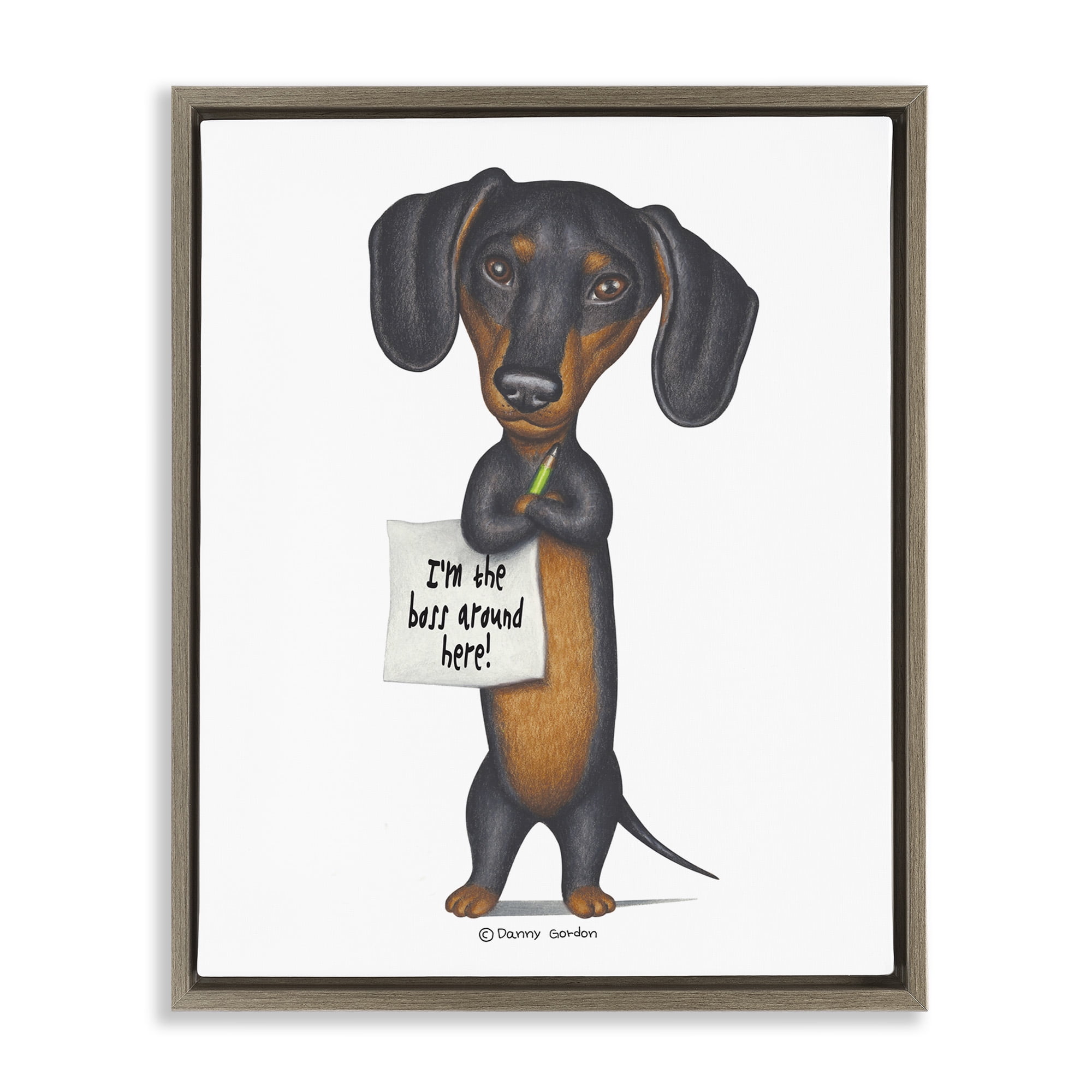 Stupell Industries Funny Dachshund Boss Animals & Insects Painting Brown Floater Framed Canvas Art Print Wall Art, 17 x 21