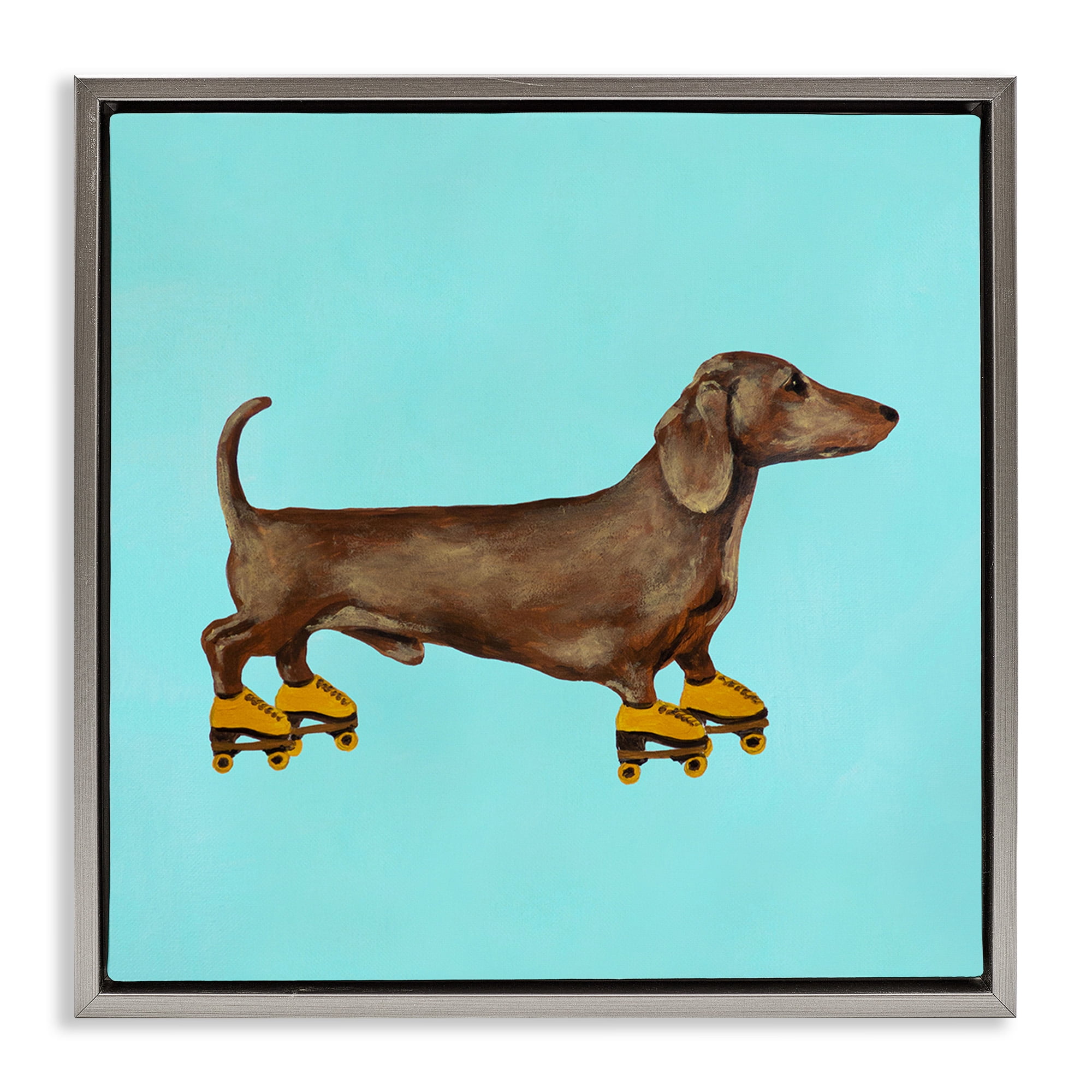 Stupell Industries Funny Dachshund On Roller Skates Animals & Insects Painting Gray Floater Framed Canvas Art Print Wall Art, 18 x 18
