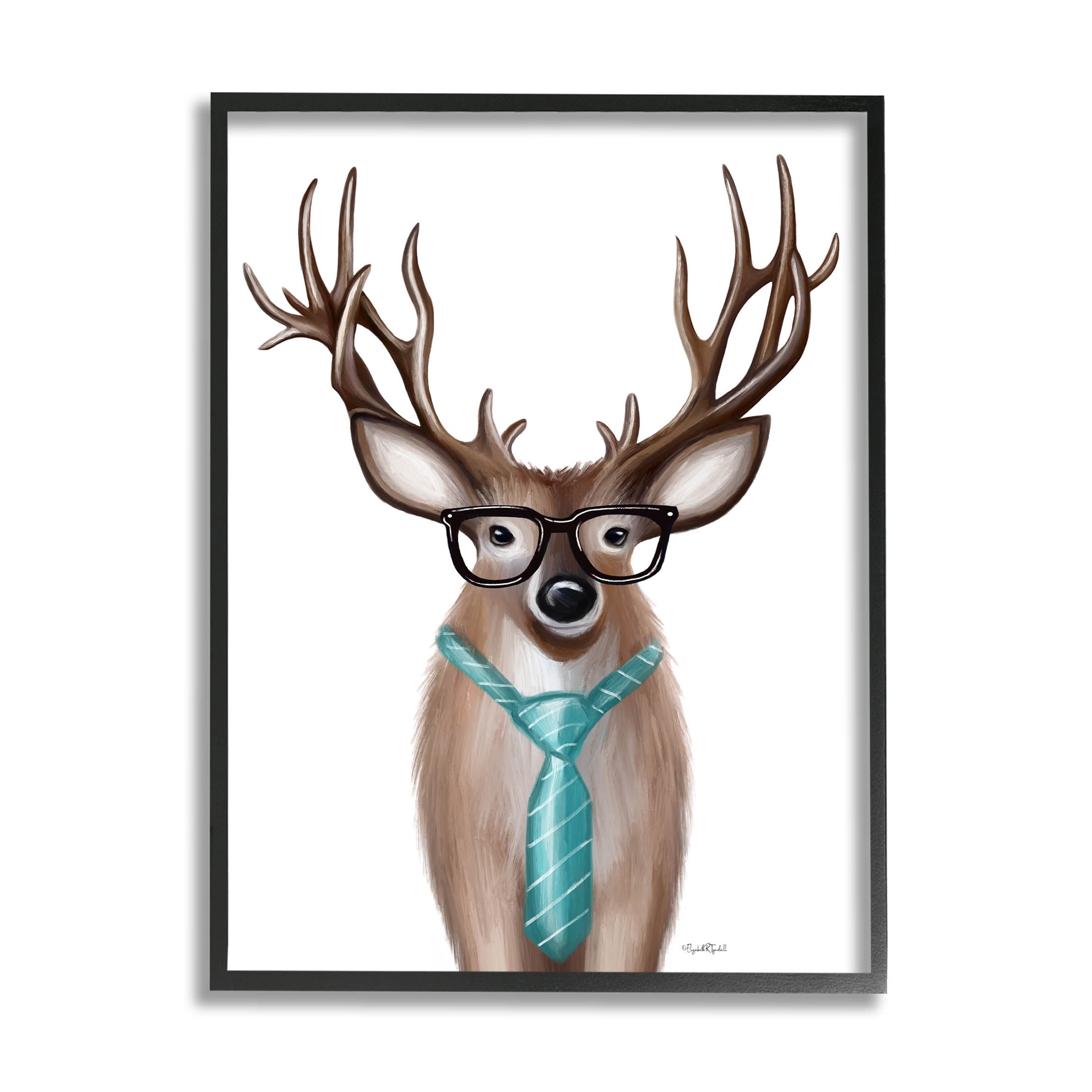 Stupell Industries Funny Deer Necktie & Glasses Portrait Graphic Art Black Framed Art Print Wall Art, Design by Elizabeth Tyndall