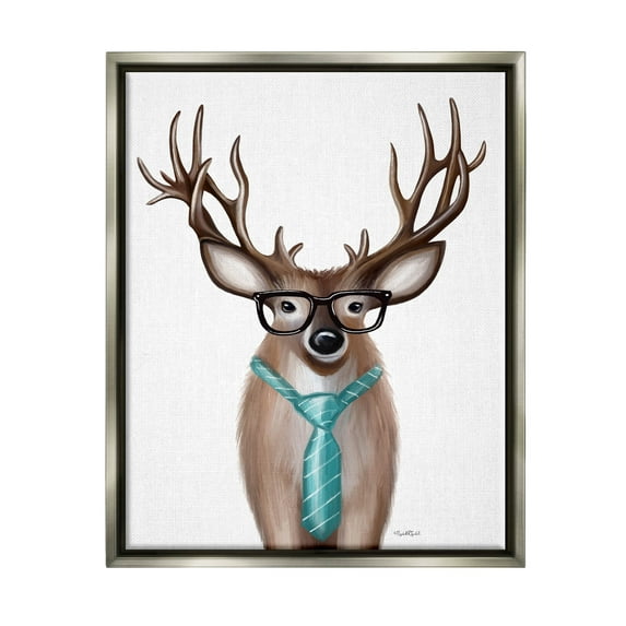 Stupell Industries Funny Deer Necktie & Glasses Portrait Graphic Art Luster Gray Floating Framed Canvas Print Wall Art, Design by Elizabeth Tyndall