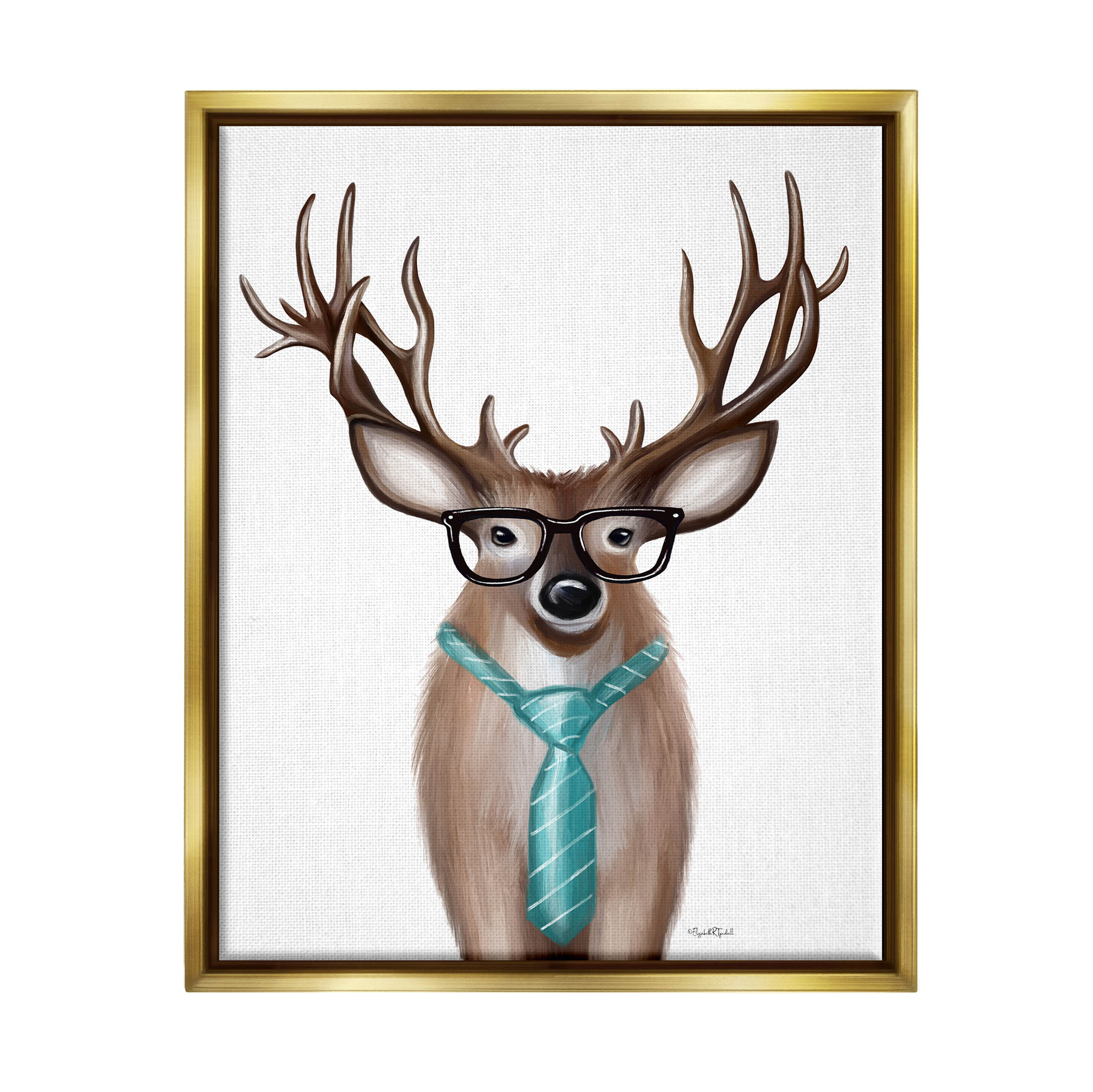 Stupell Industries Funny Deer Necktie & Glasses Portrait Graphic Art Metallic Gold Floating Framed Canvas Print Wall Art, Design by Elizabeth Tyndall