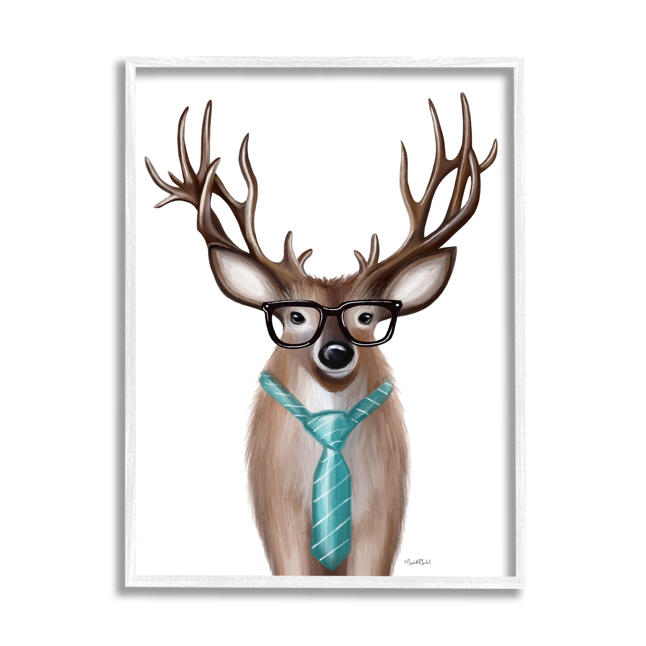 Stupell Industries Funny Deer Necktie & Glasses Portrait Graphic Art White Framed Art Print Wall Art, Design by Elizabeth Tyndall