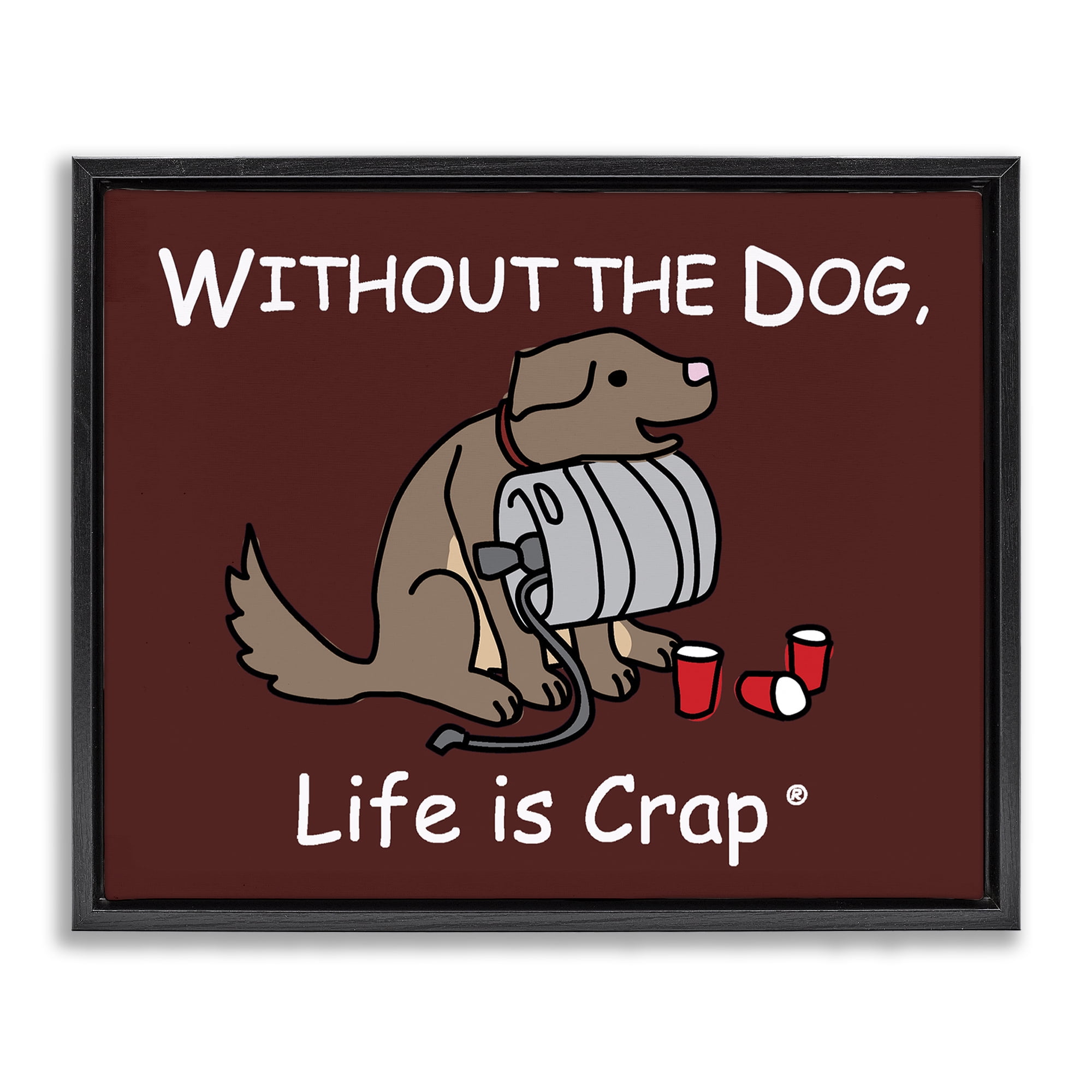 Stupell Industries Funny Dog & Keg Novelty & Humor Painting Black Floater Framed Canvas Art Print Wall Art, 31 x 25