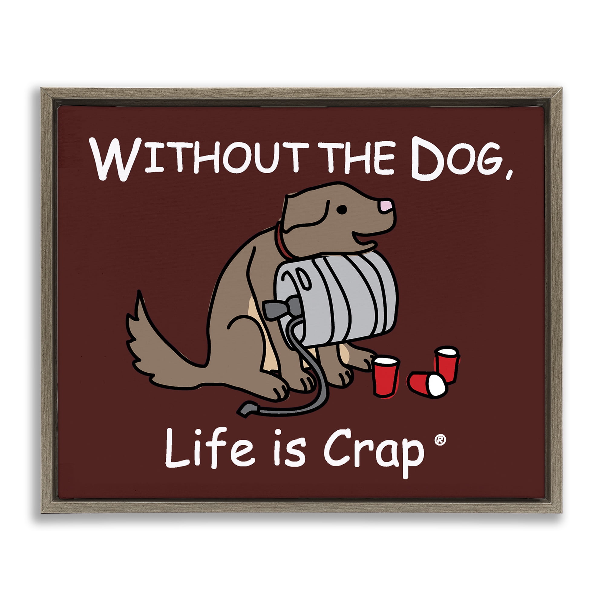 Stupell Industries Funny Dog & Keg Novelty & Humor Painting Brown Floater Framed Canvas Art Print Wall Art, 21 x 17