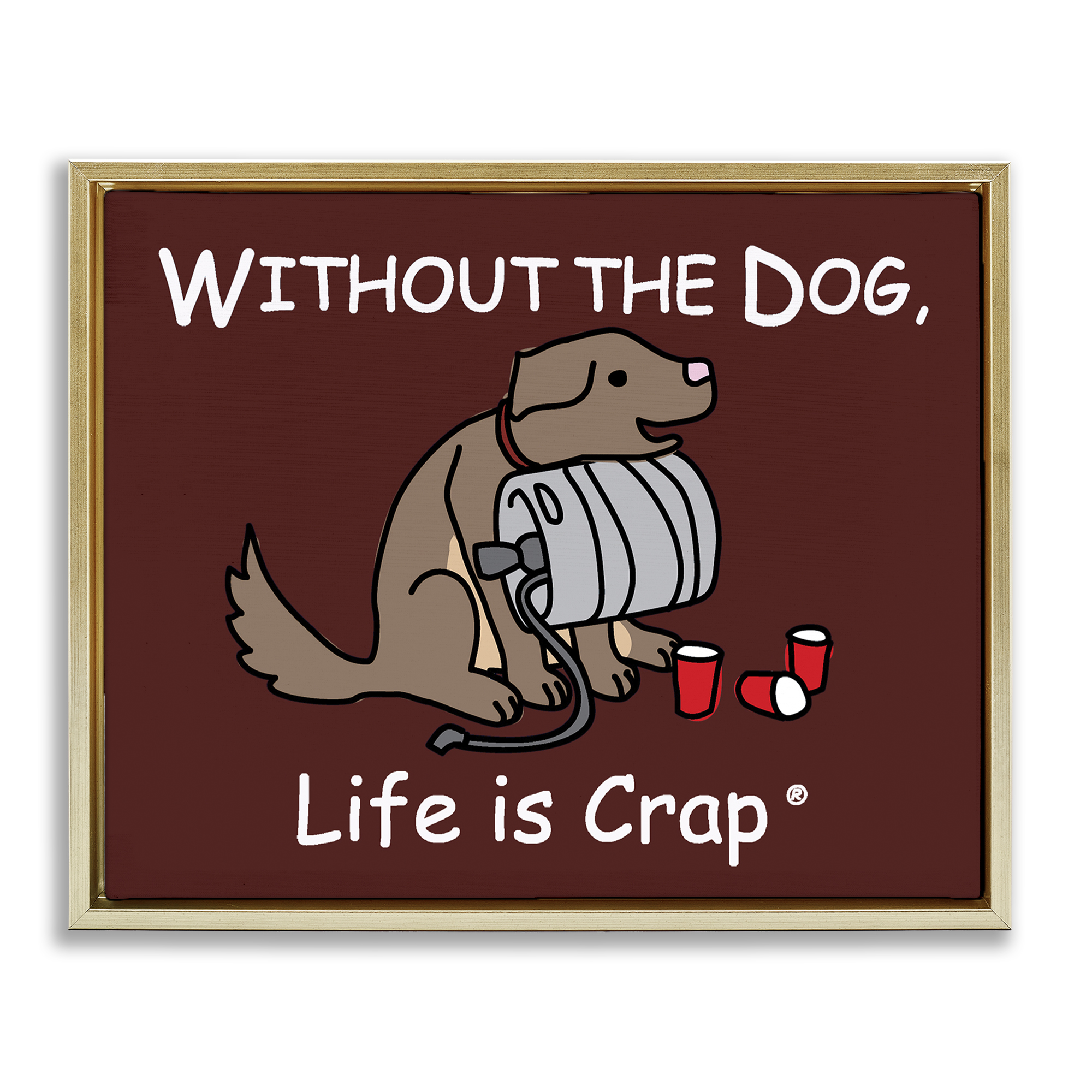 Stupell Industries Funny Dog & Keg Novelty & Humor Painting Gold Floater Framed Canvas Art Print Wall Art, 21 x 17