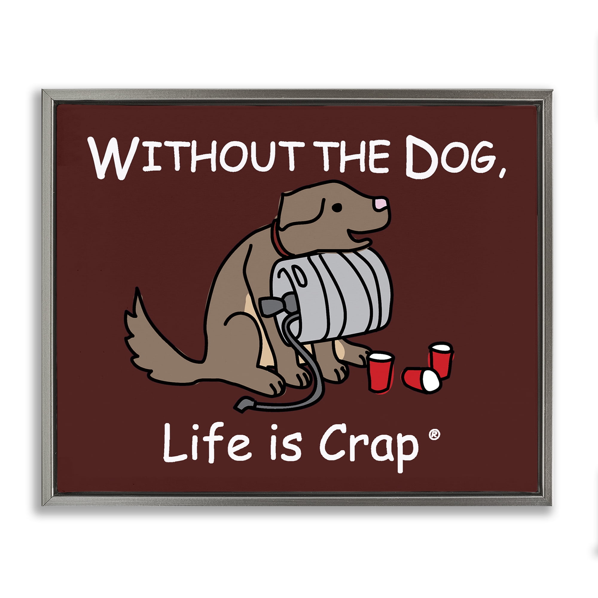 Stupell Industries Funny Dog & Keg Novelty & Humor Painting Gray Floater Framed Canvas Art Print Wall Art, 31 x 25