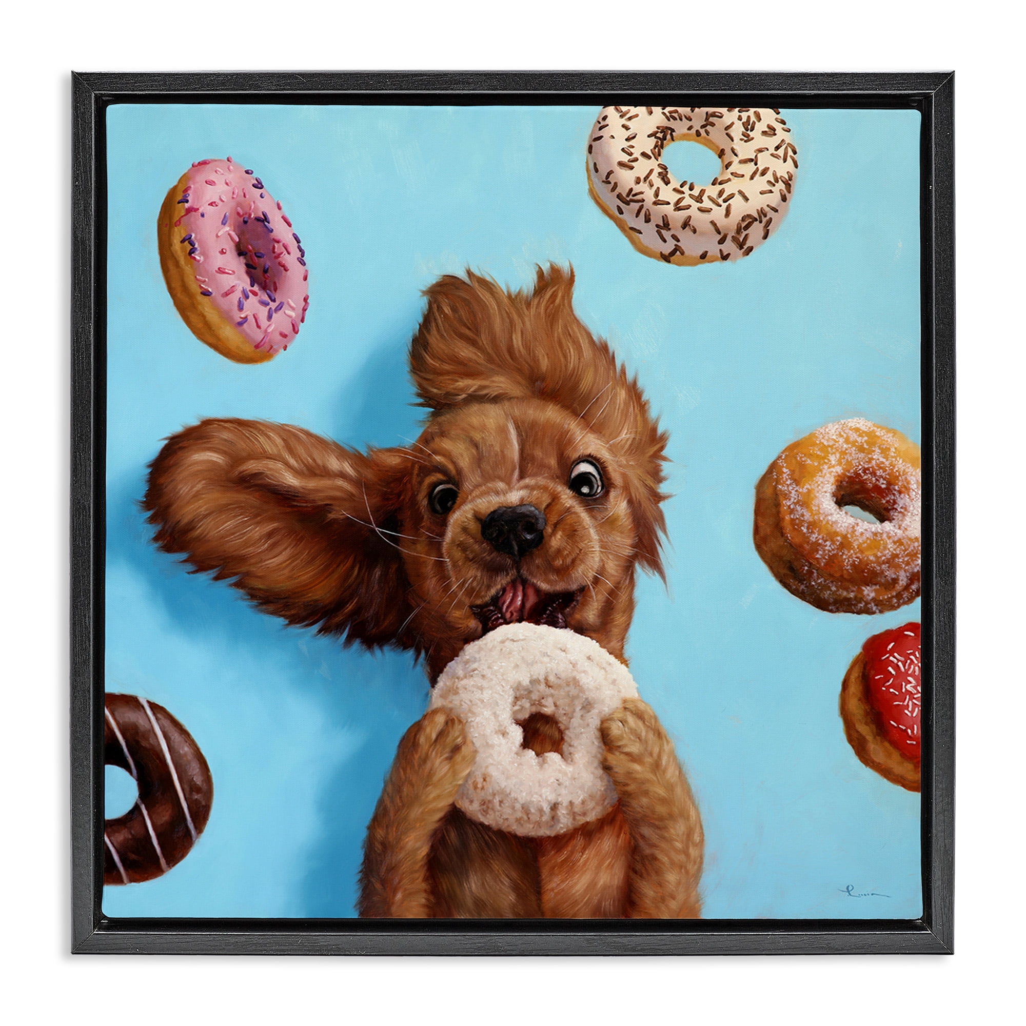 Stupell Industries Funny Dog Licking Donut Animals & Insects Painting Black Floater Framed Canvas Art Print Wall Art, 25 x 25