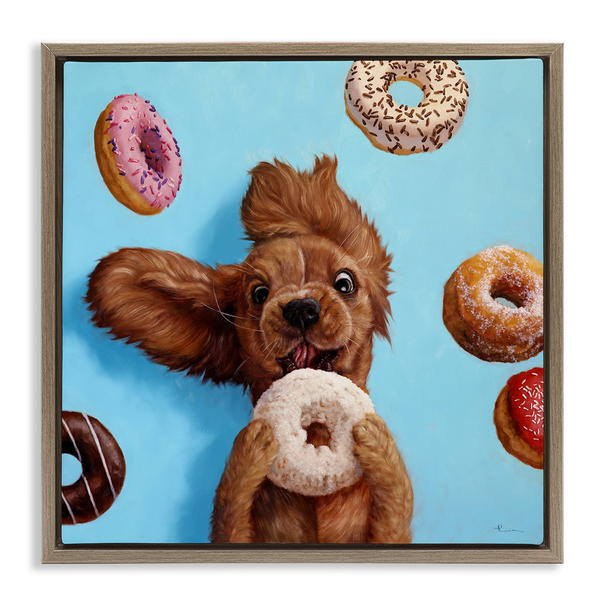 Stupell Industries Funny Dog Licking Donut Animals & Insects Painting Brown Floater Framed Canvas Art Print Wall Art, 25 x 25