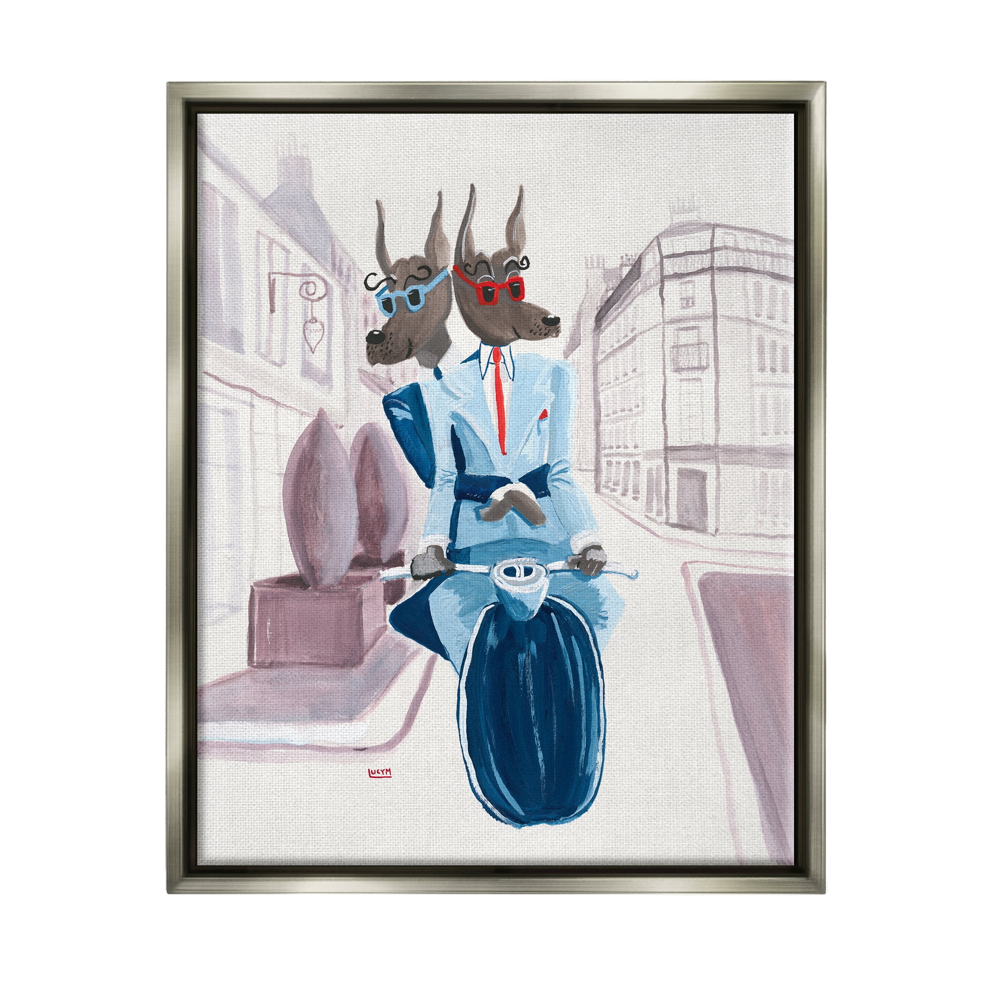 Stupell Industries Funny Dogs Moped City Streets Animals & Insects Painting Gray Floater Framed Art Print Wall Art