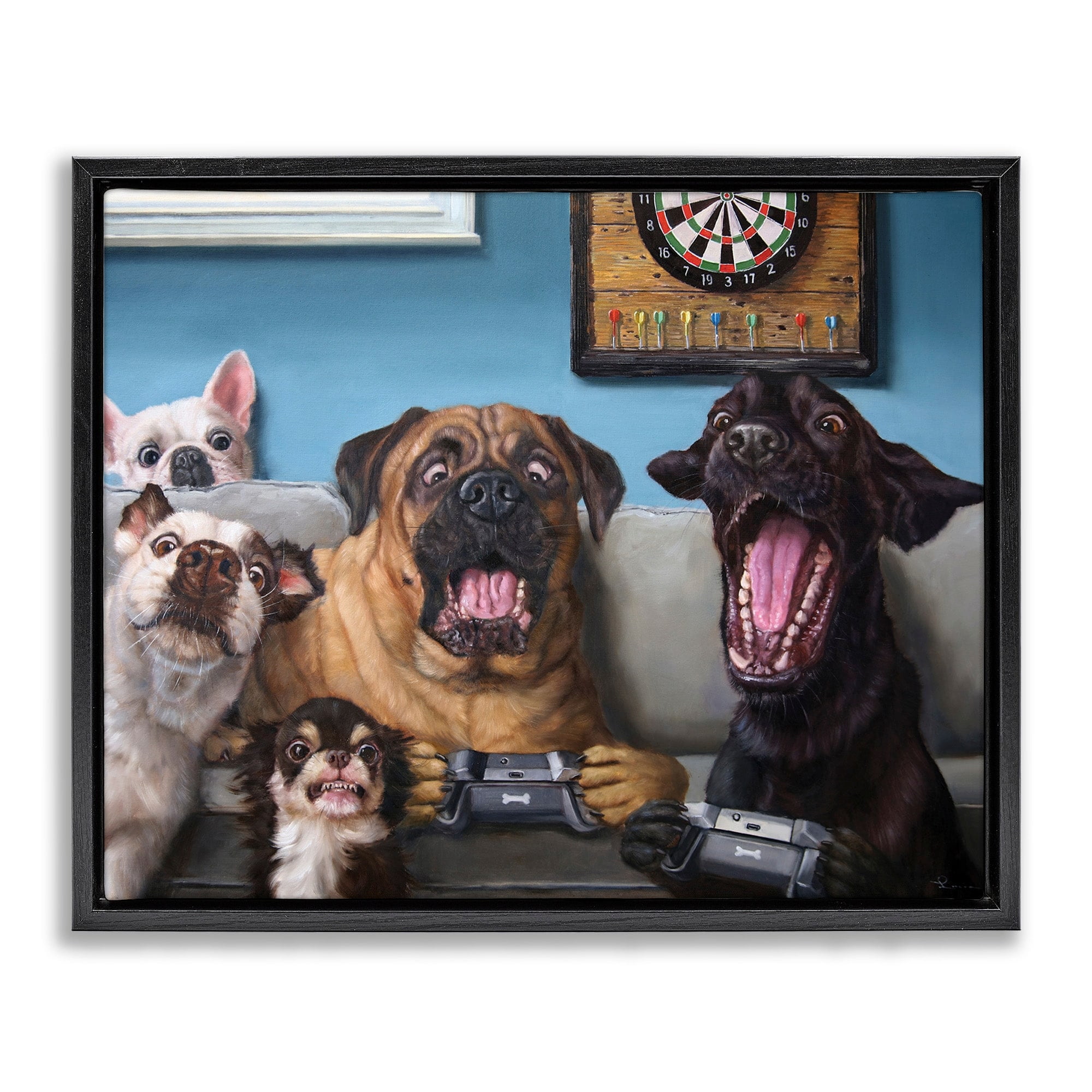 Stupell Industries Funny Dogs Playing Video Games Livingroom Pet Portrait Jet Black Framed Floating Canvas Wall Art, 24x30, by Lucia Heffernan