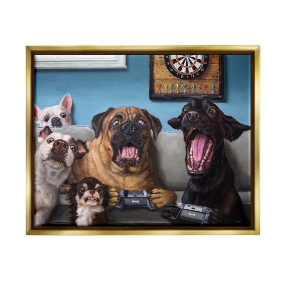 Stupell Industries Funny Dogs Playing Video Games Livingroom Pet Portrait Metallic Gold Framed Floating Canvas Wall Art, 16x20, by Lucia Heffernan