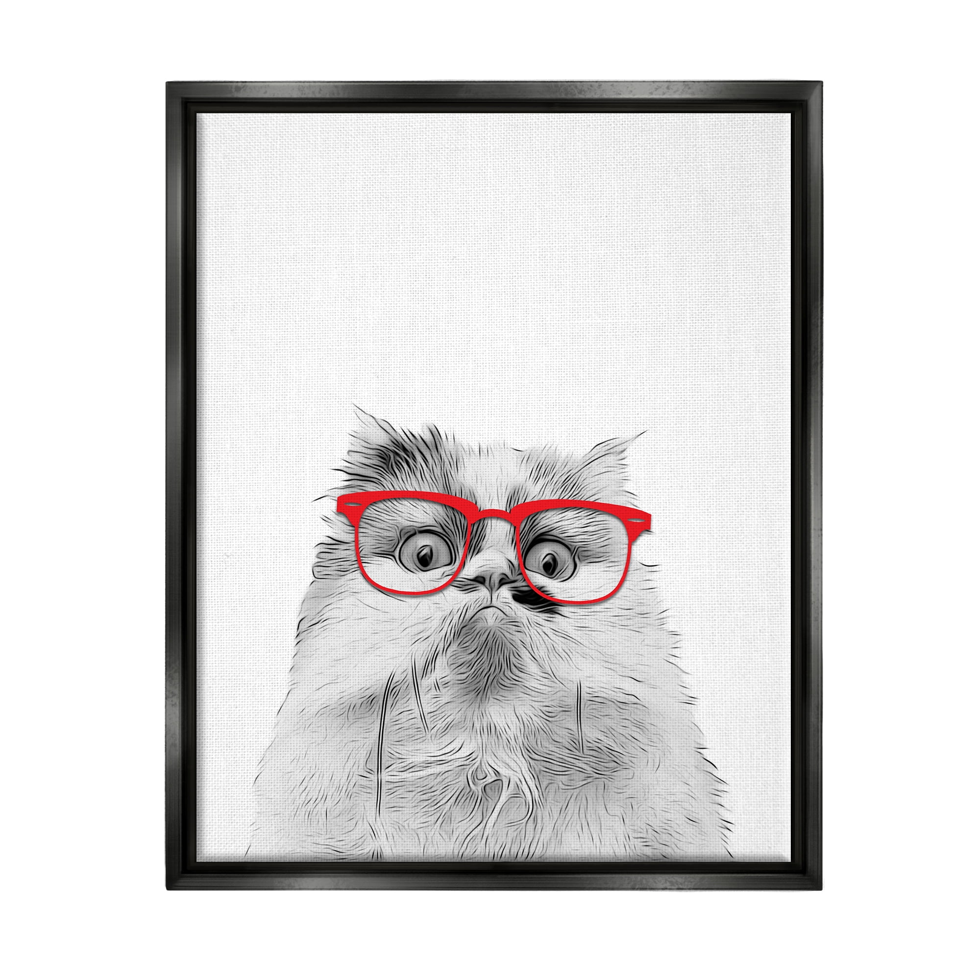 Stupell Industries Funny Face Cat Wearing Glasses Animals & Insects Painting Black Floater Framed Art Print Wall Art